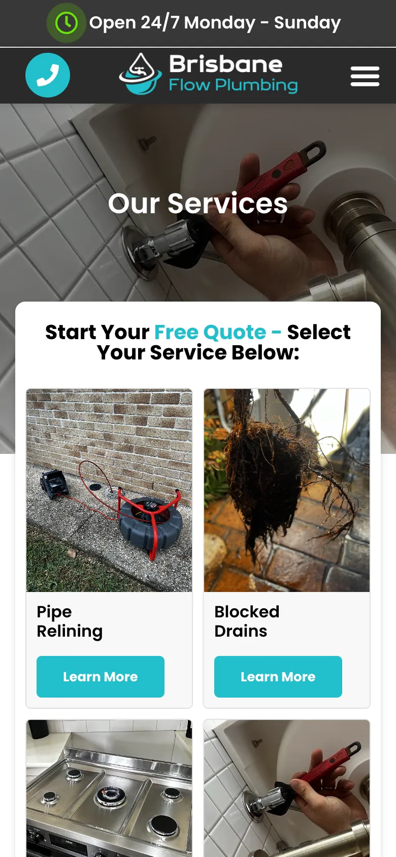 Brisbane Flow Plumbing website - Our Services page on mobile
