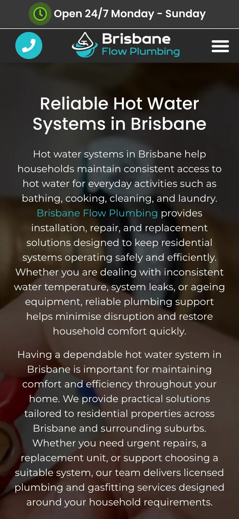 Brisbane Flow Plumbing website - Hot Water Systems page on mobile