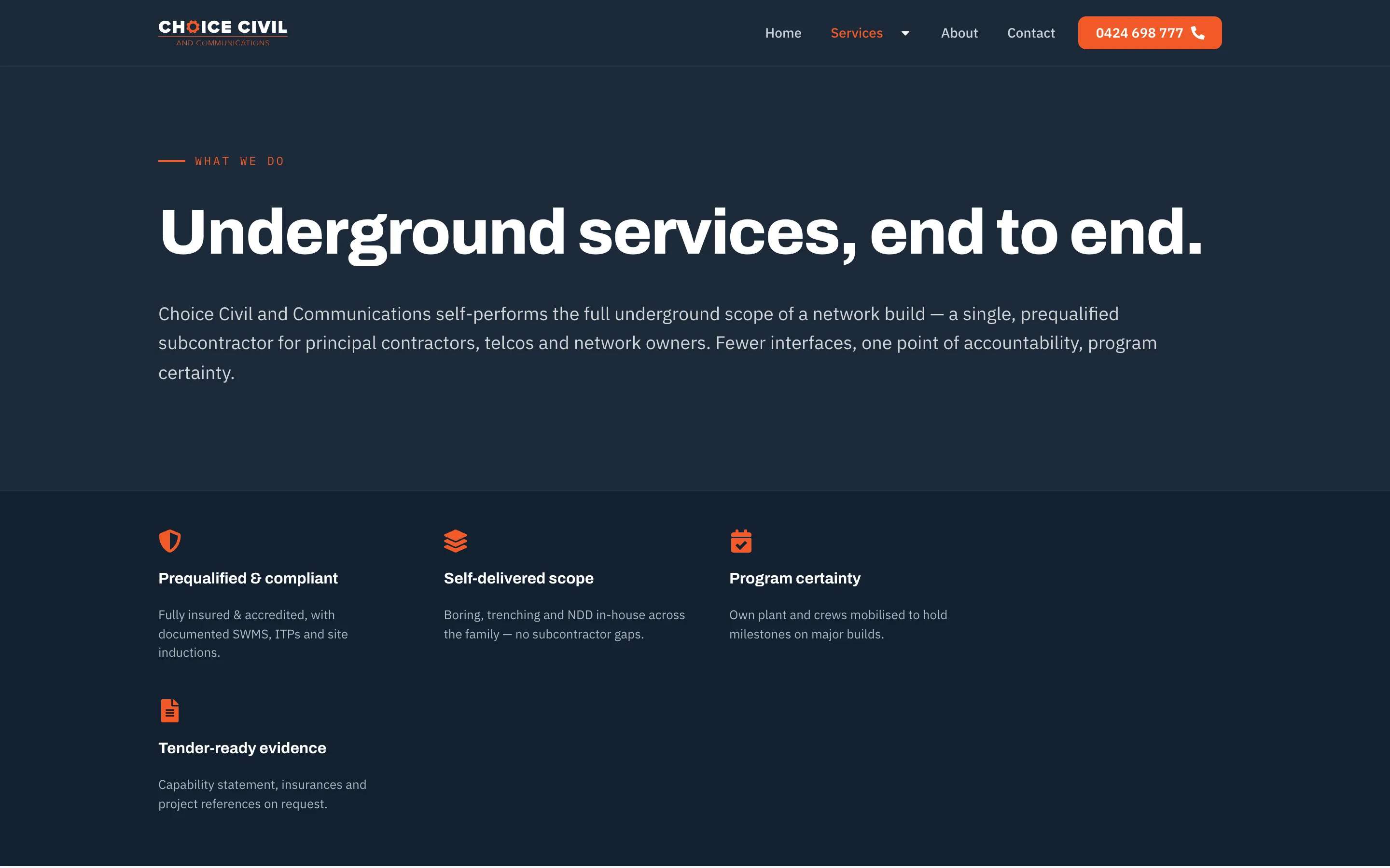 Choice Civil & Communications website - Our Services page on desktop
