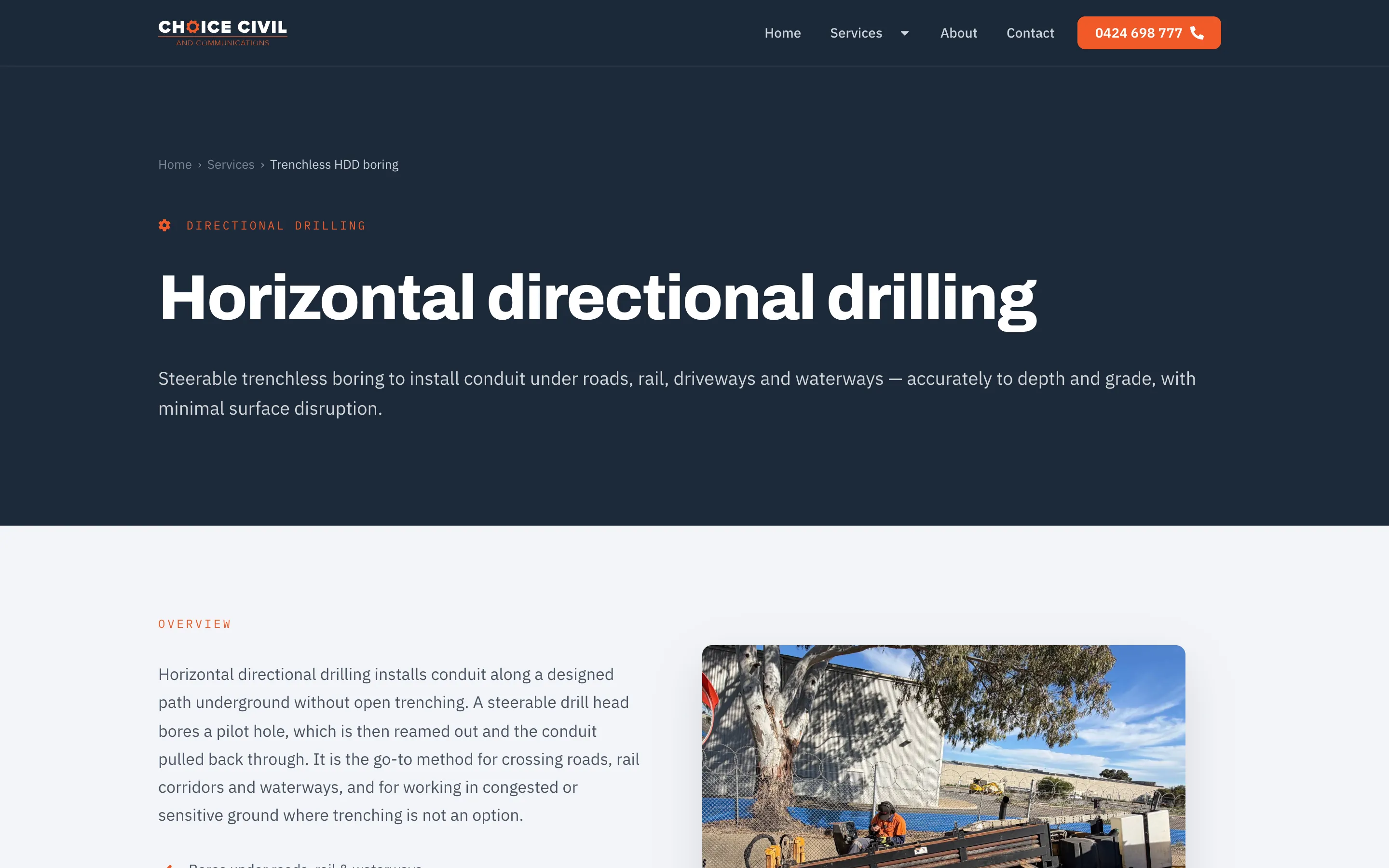 Choice Civil & Communications website - Directional Drilling page on desktop