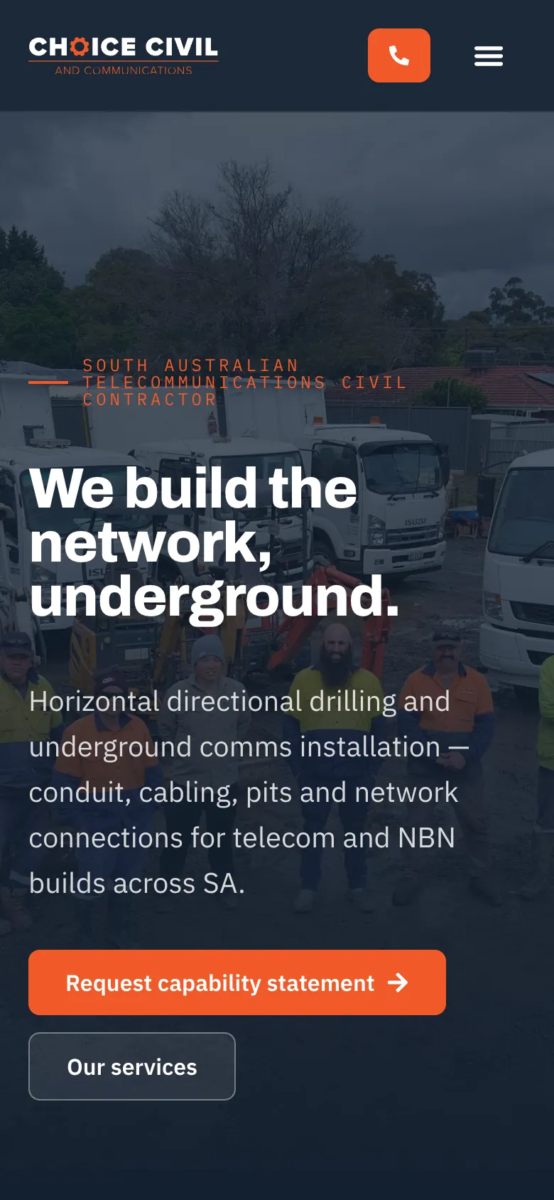 Choice Civil & Communications website - Home page on mobile