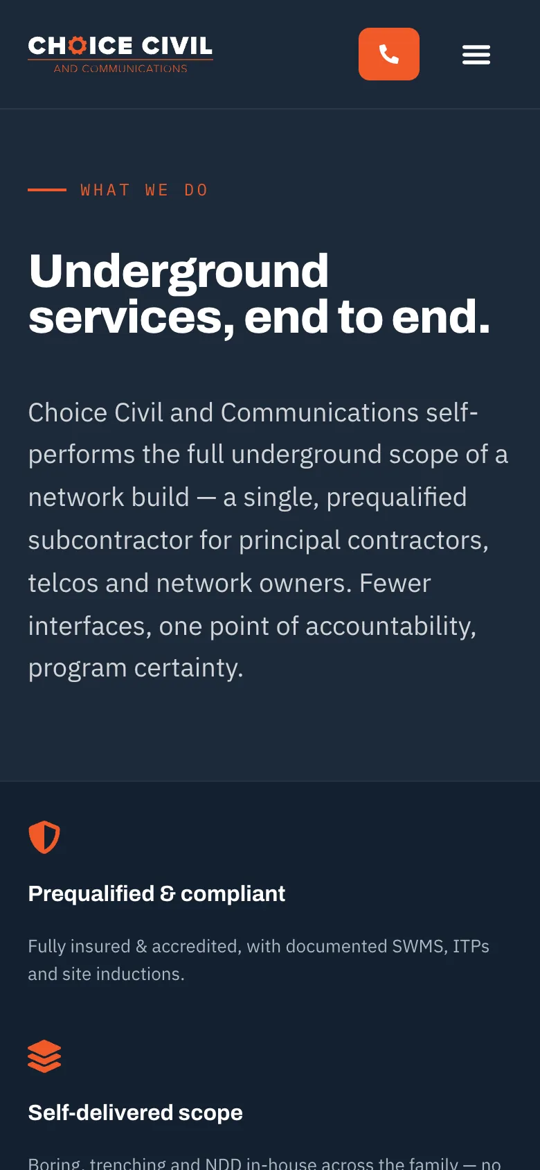 Choice Civil & Communications website - Our Services page on mobile