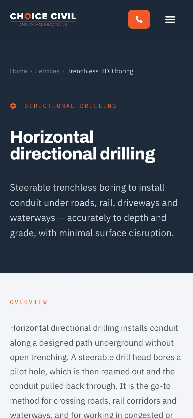 Choice Civil & Communications website - Directional Drilling page on mobile