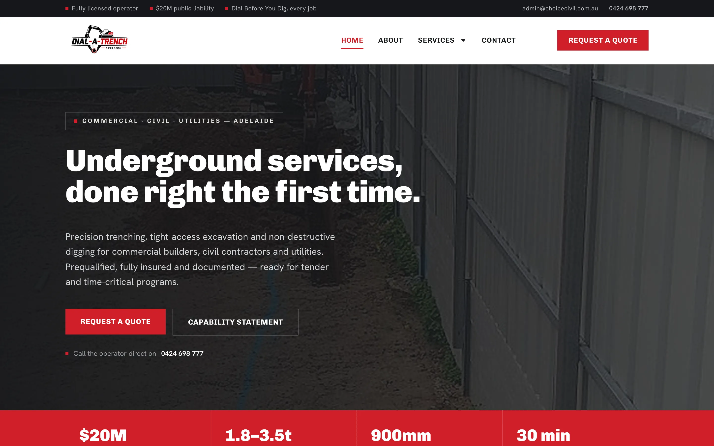 Dial-A-Trench Adelaide website - Home page on desktop