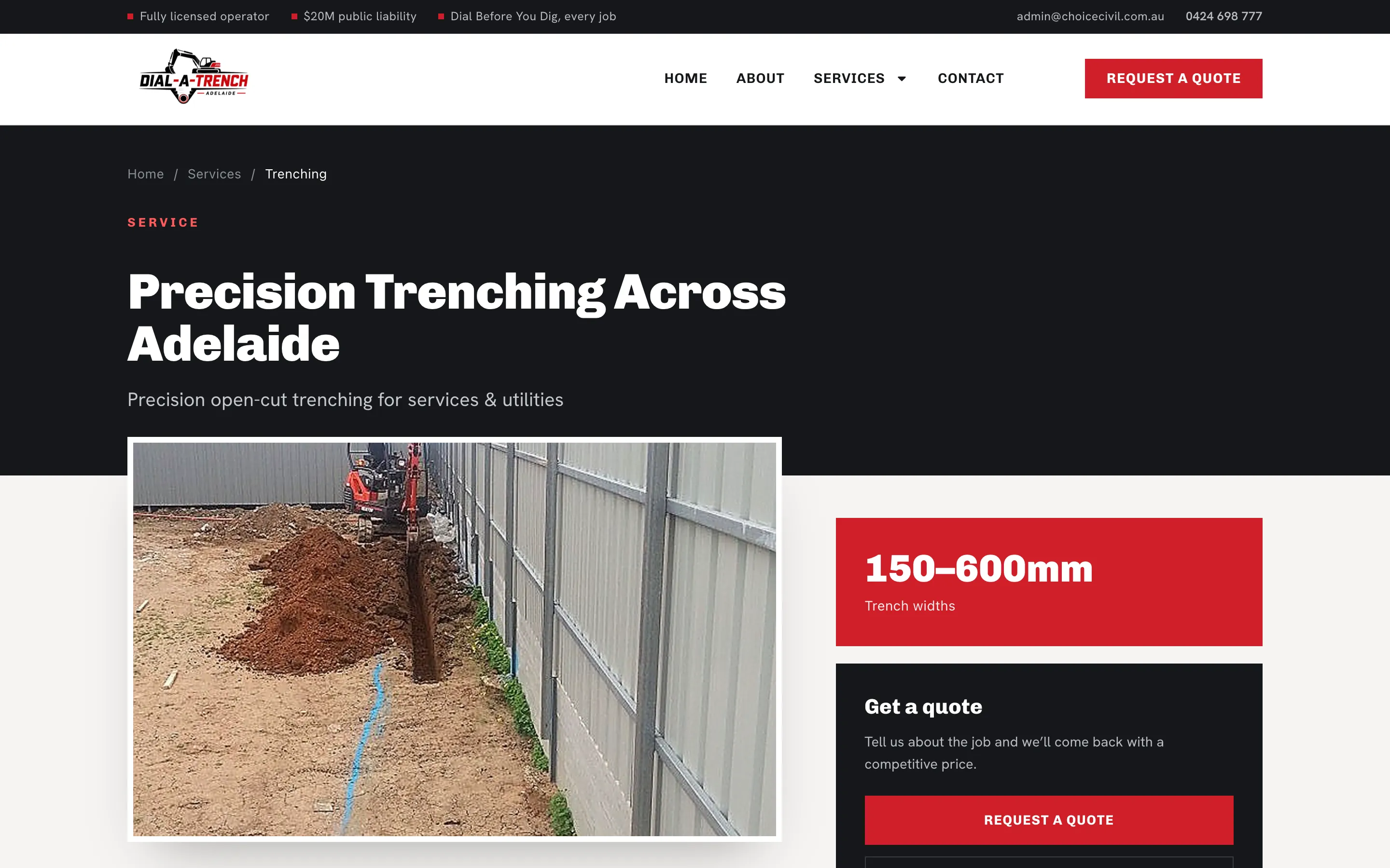Dial-A-Trench Adelaide website - Trenching page on desktop