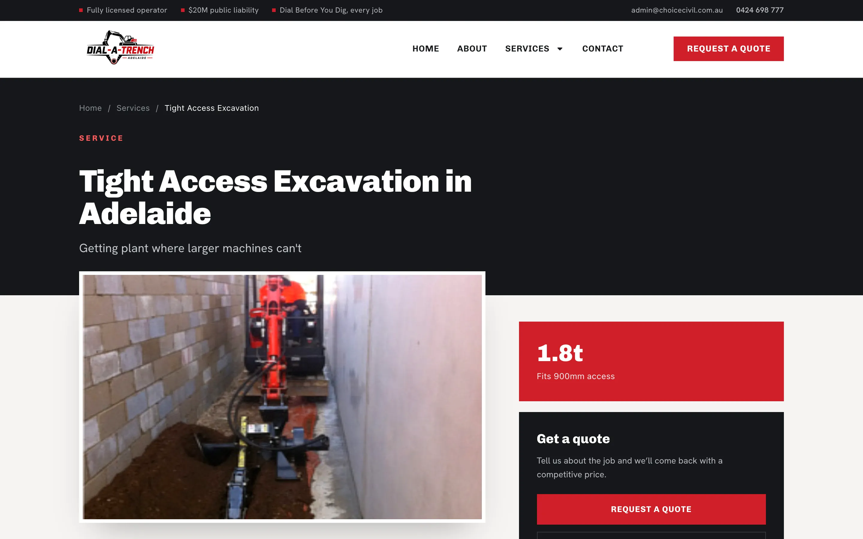 Dial-A-Trench Adelaide website - Tight Access Excavation page on desktop