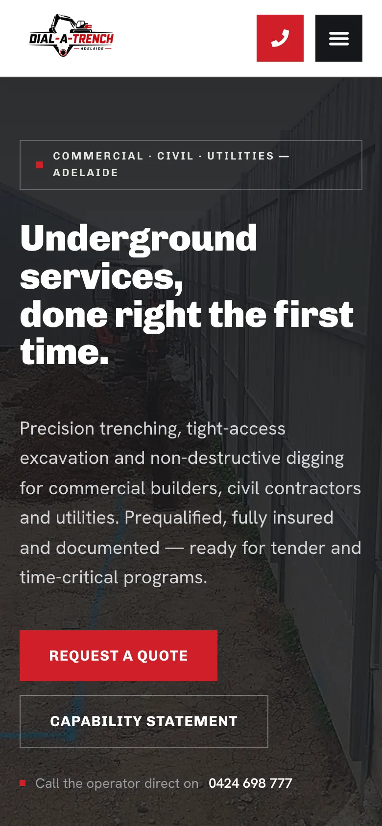 Dial-A-Trench Adelaide website - Home page on mobile