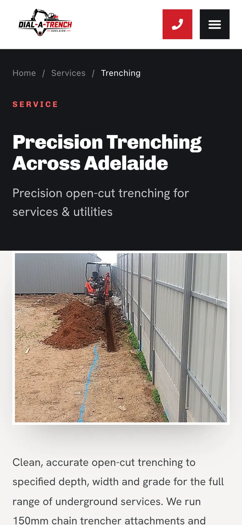 Dial-A-Trench Adelaide website - Trenching page on mobile