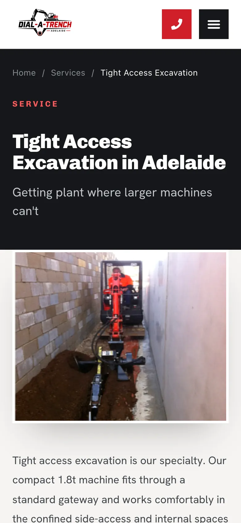 Dial-A-Trench Adelaide website - Tight Access Excavation page on mobile