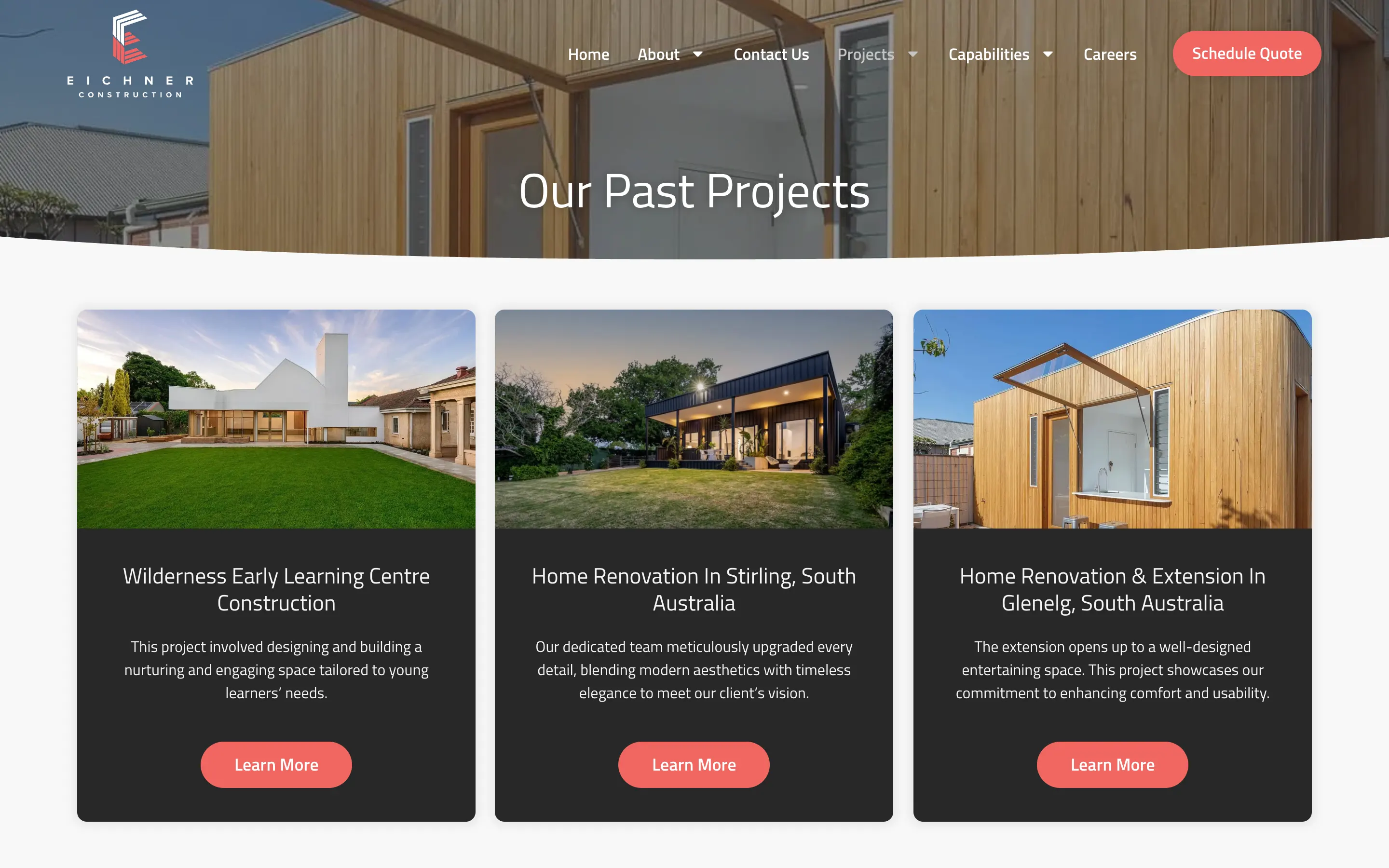 Eichner Construction website - Our Past Projects page on desktop