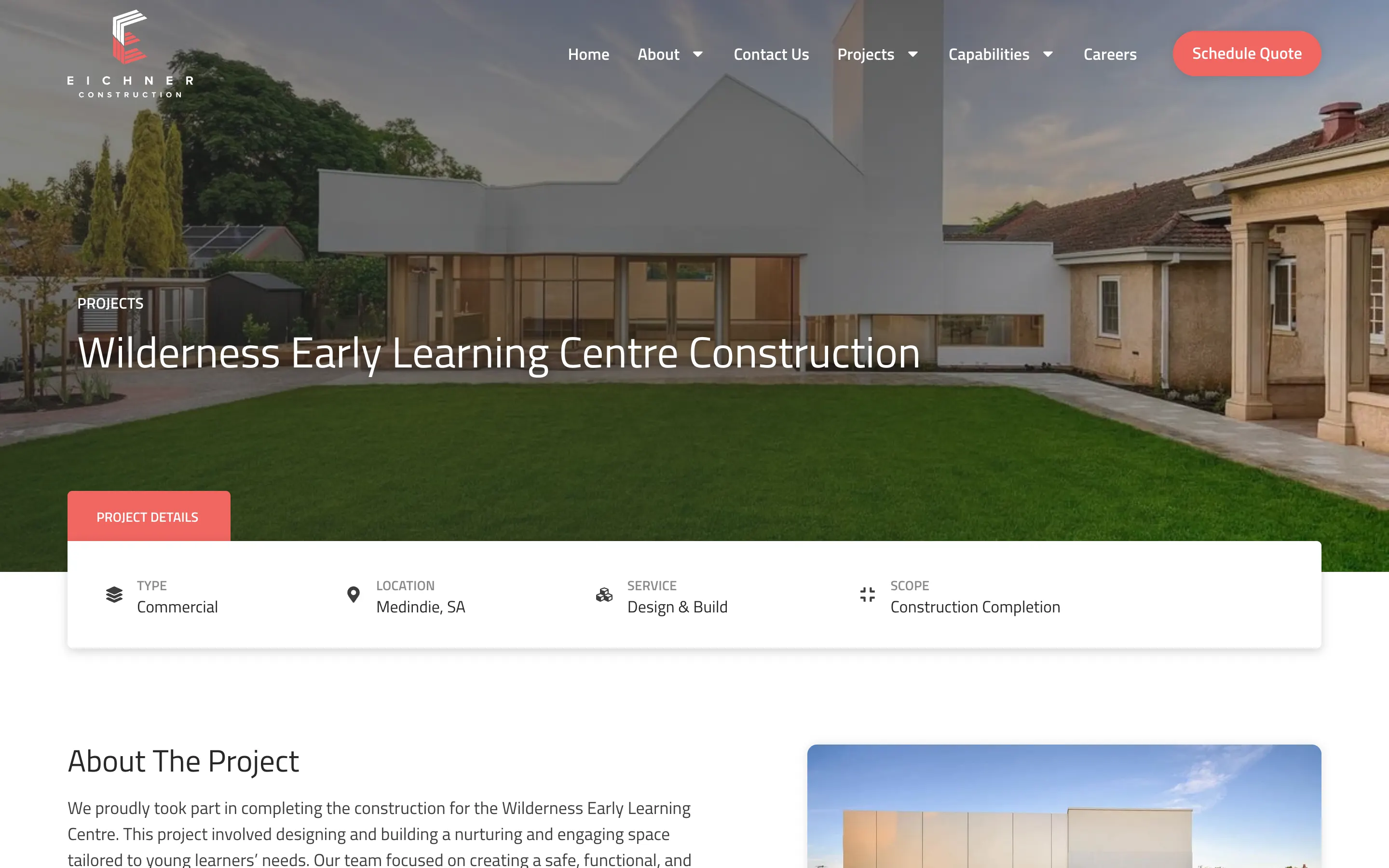 Eichner Construction website - Early Learning Centre Project page on desktop