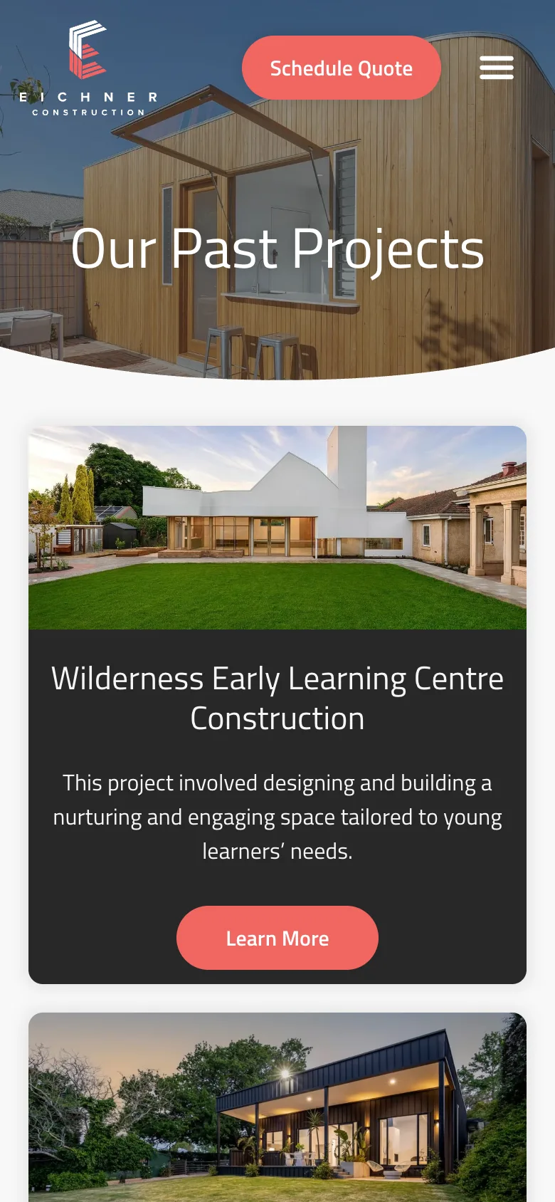 Eichner Construction website - Our Past Projects page on mobile