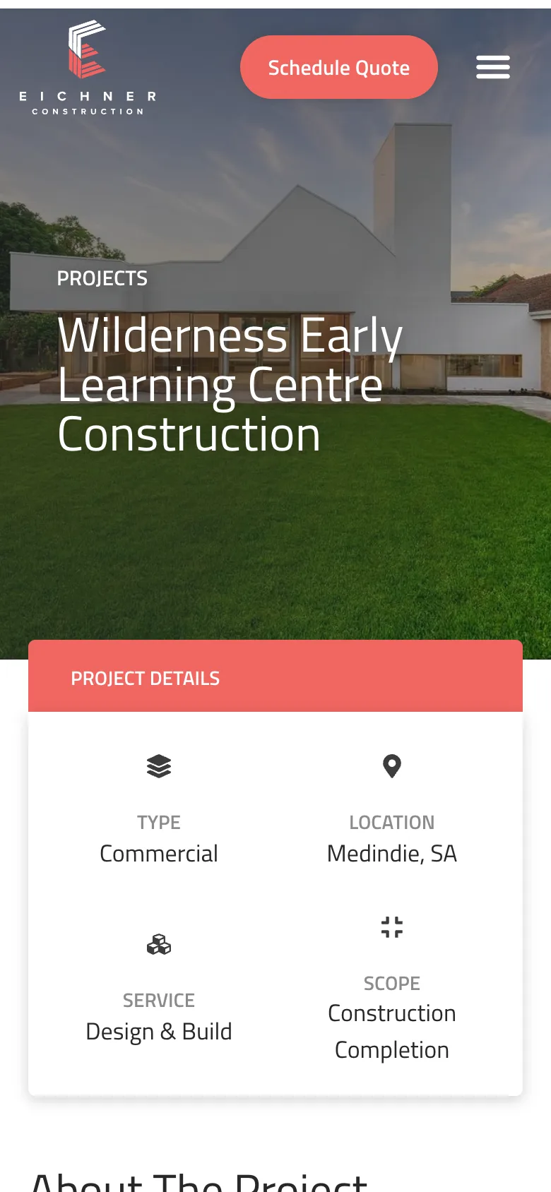 Eichner Construction website - Early Learning Centre Project page on mobile