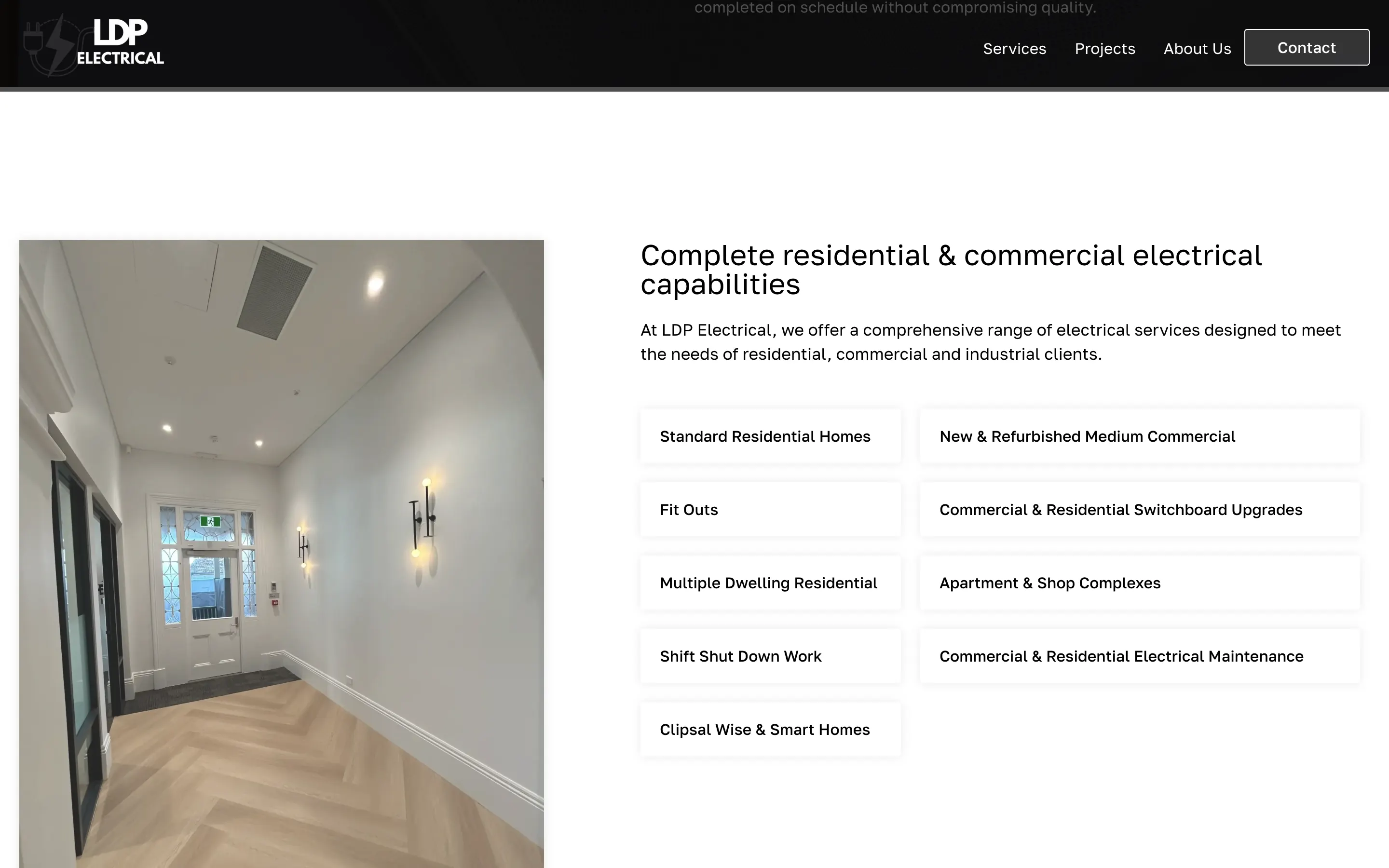 LDP Electrical website - Services page on desktop