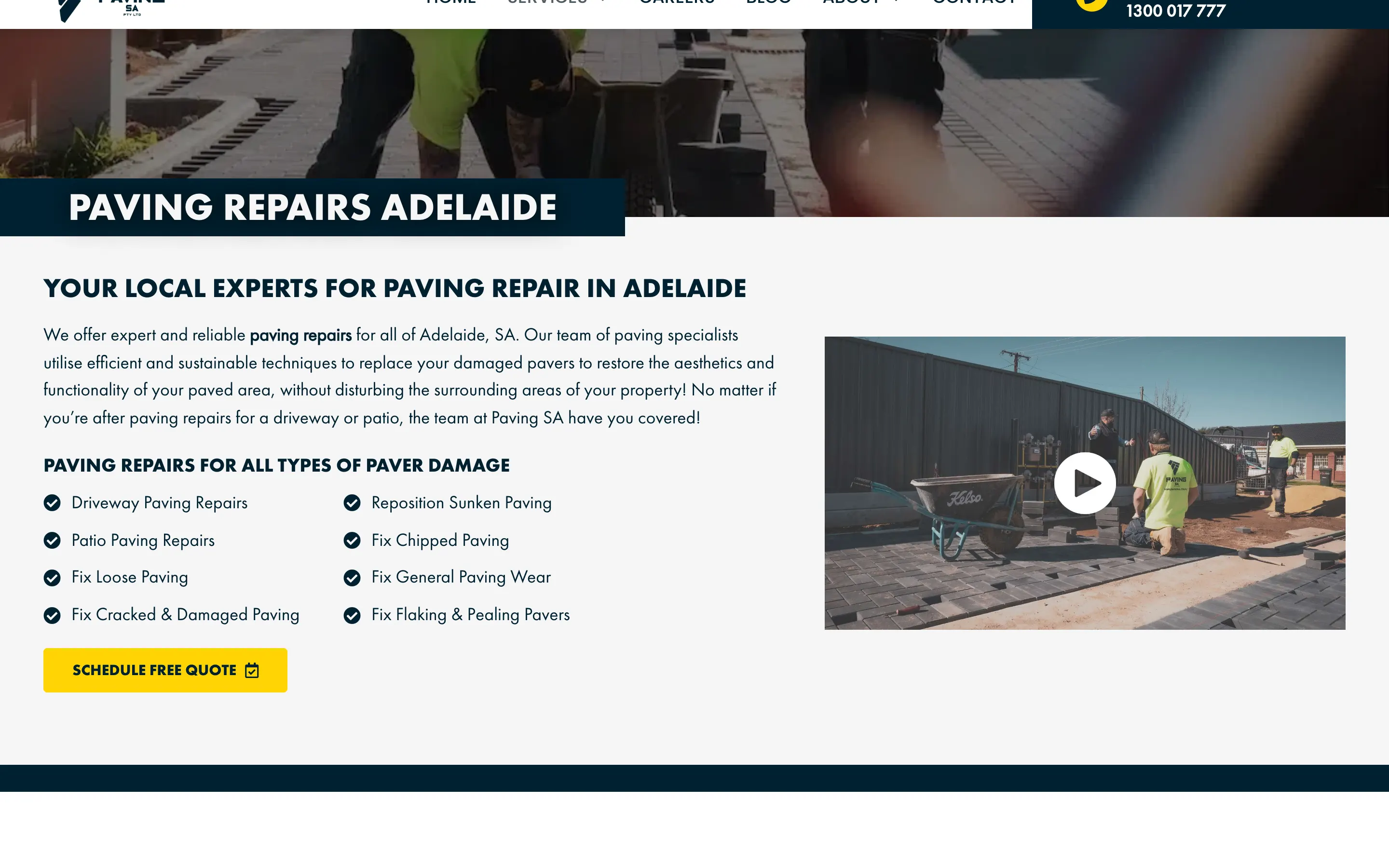 Paving SA website - Paving Repairs page on desktop