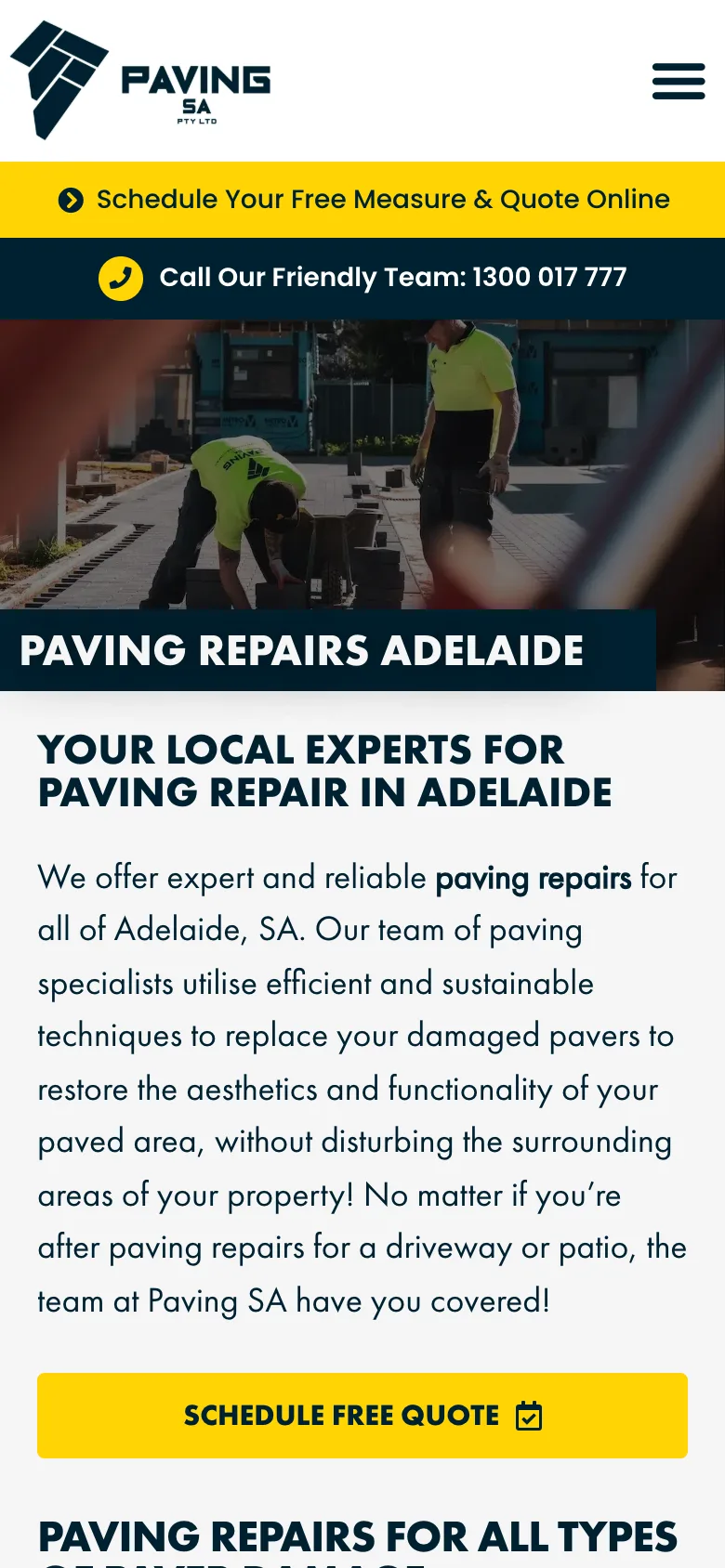 Paving SA website - Paving Repairs page on mobile