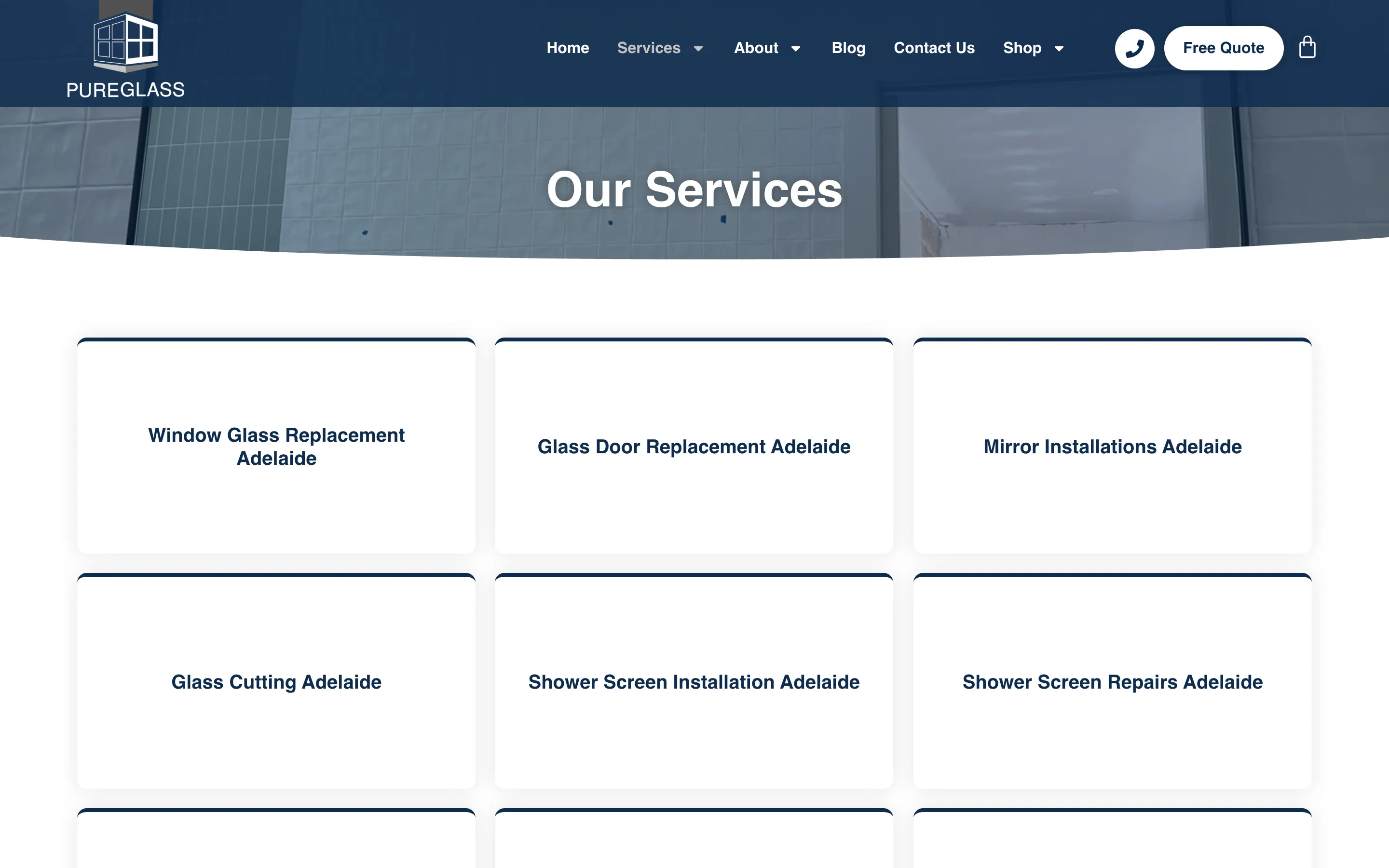 Pure Glass SA website - Services page on desktop