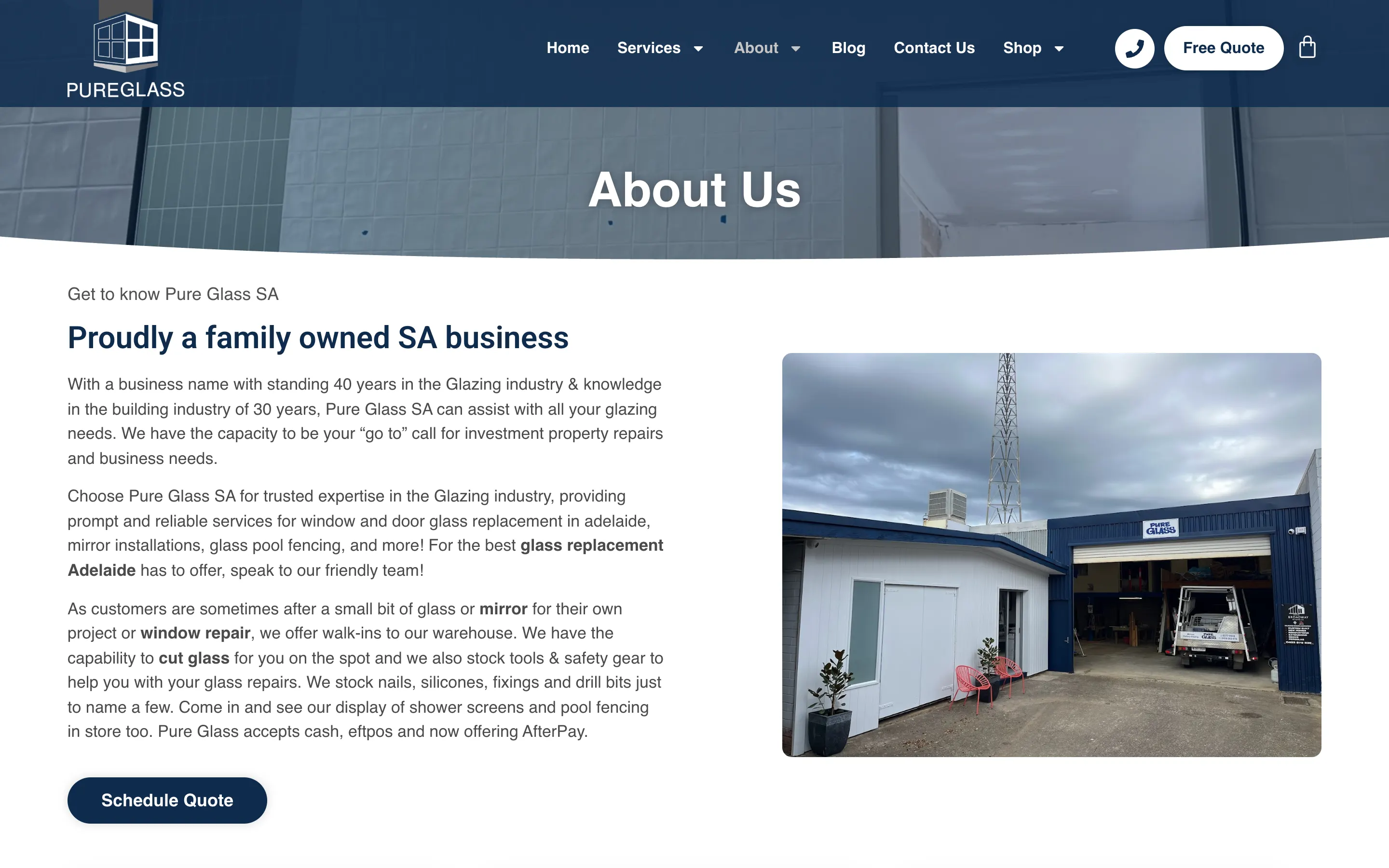 Pure Glass SA website - About Us page on desktop