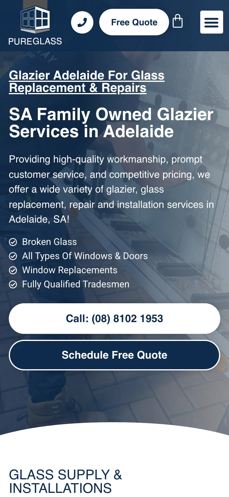 Pure Glass SA mobile website built by Websites For Tradies