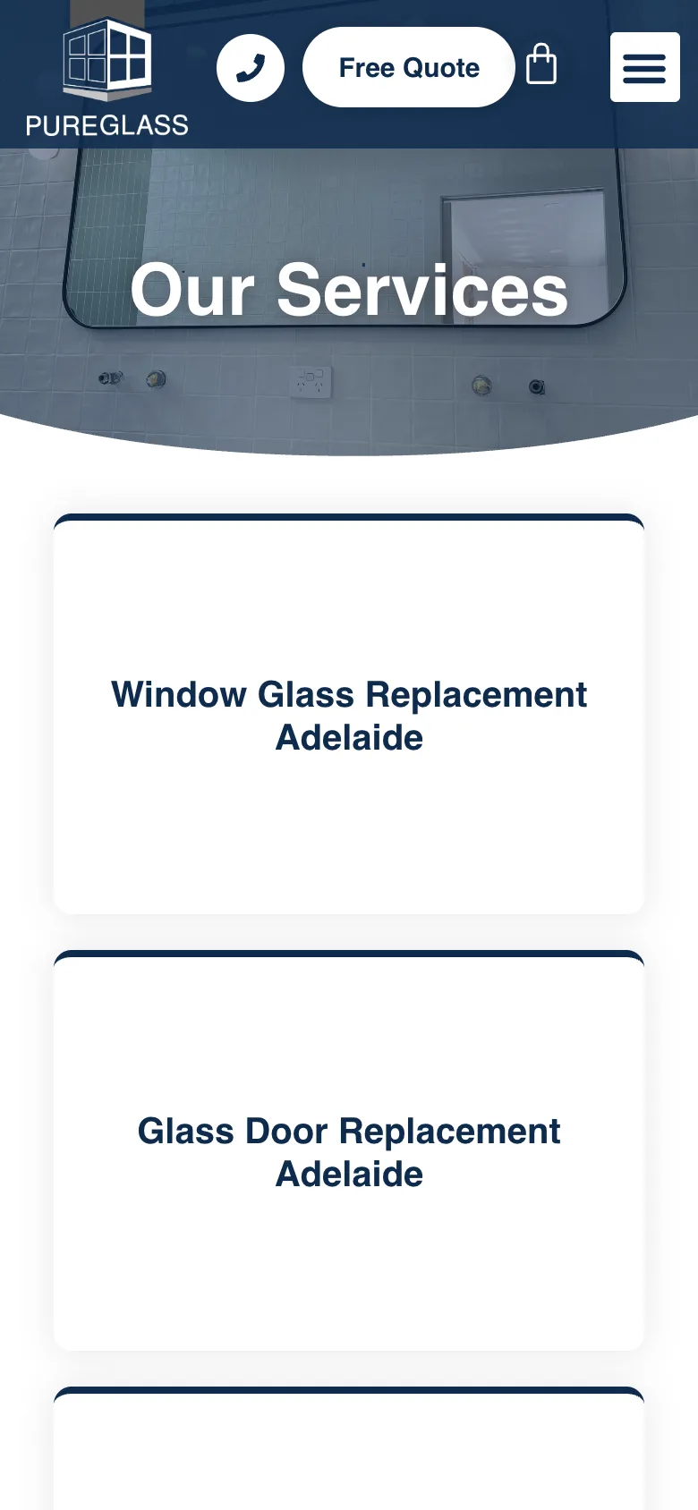 Pure Glass SA website - Services page on mobile