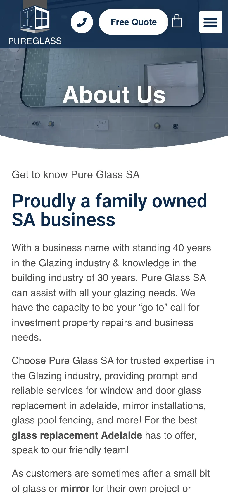 Pure Glass SA website - About Us page on mobile
