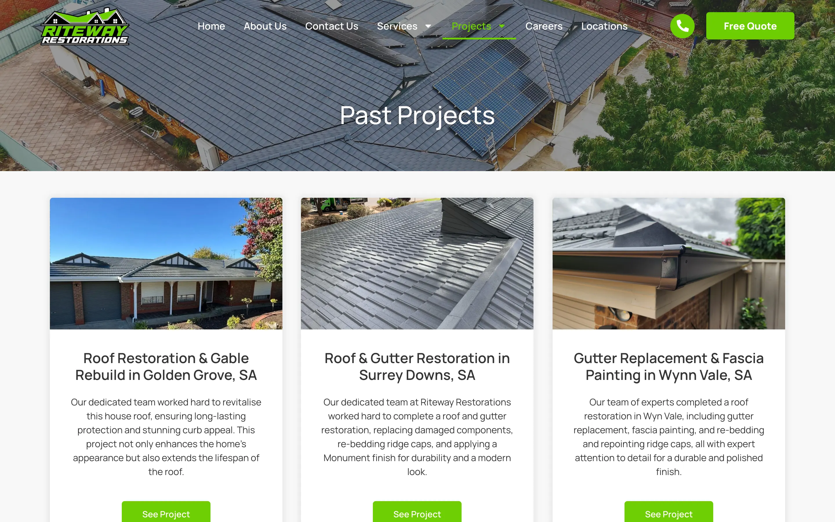 Riteway Restorations website - Past Projects page on desktop