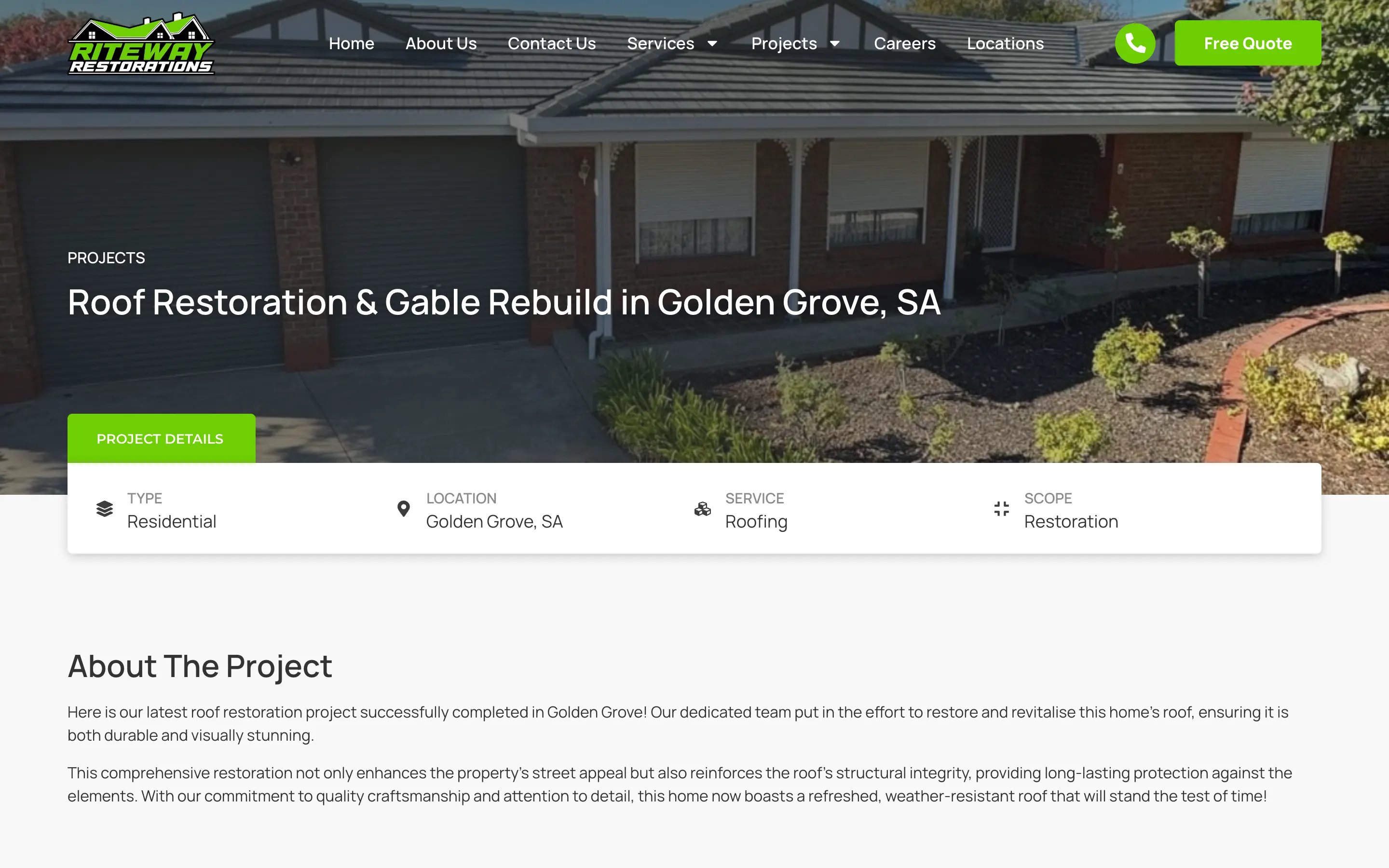Riteway Restorations website - Roof Restoration Project page on desktop