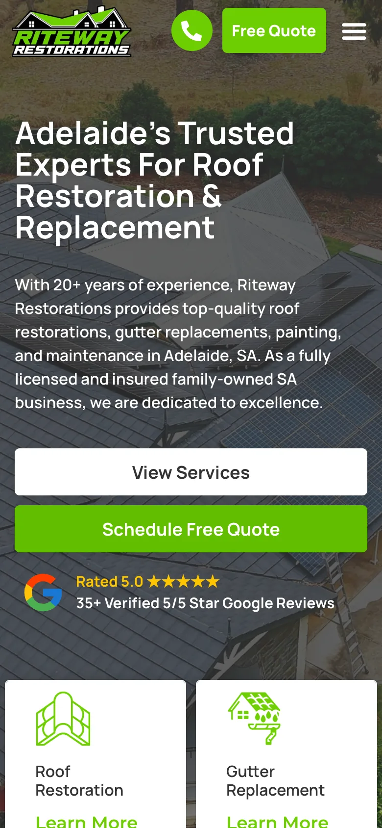 Riteway Restorations website - Home page on mobile
