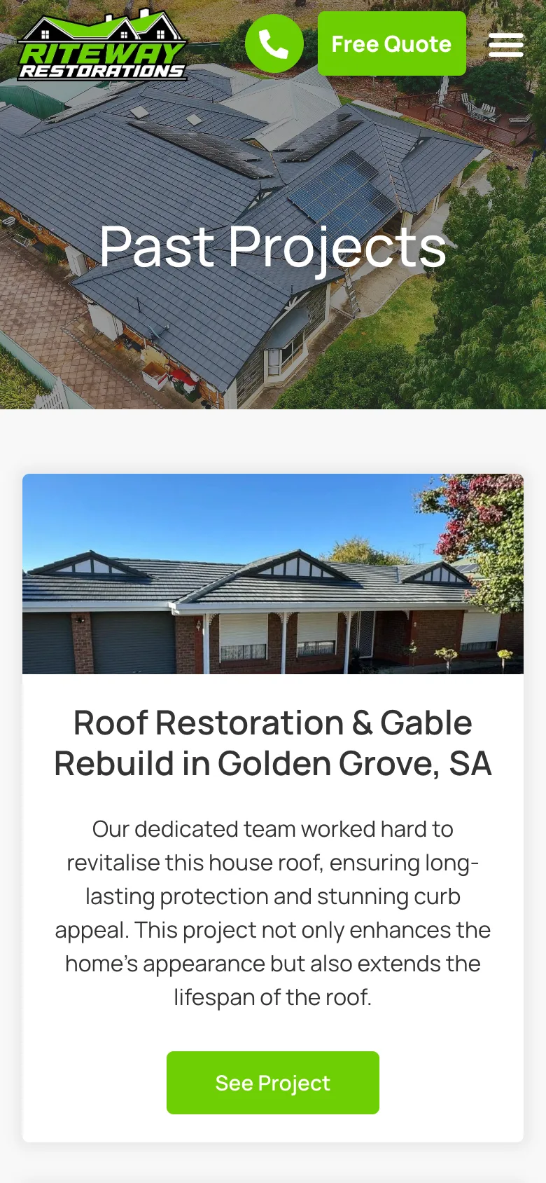Riteway Restorations website - Past Projects page on mobile