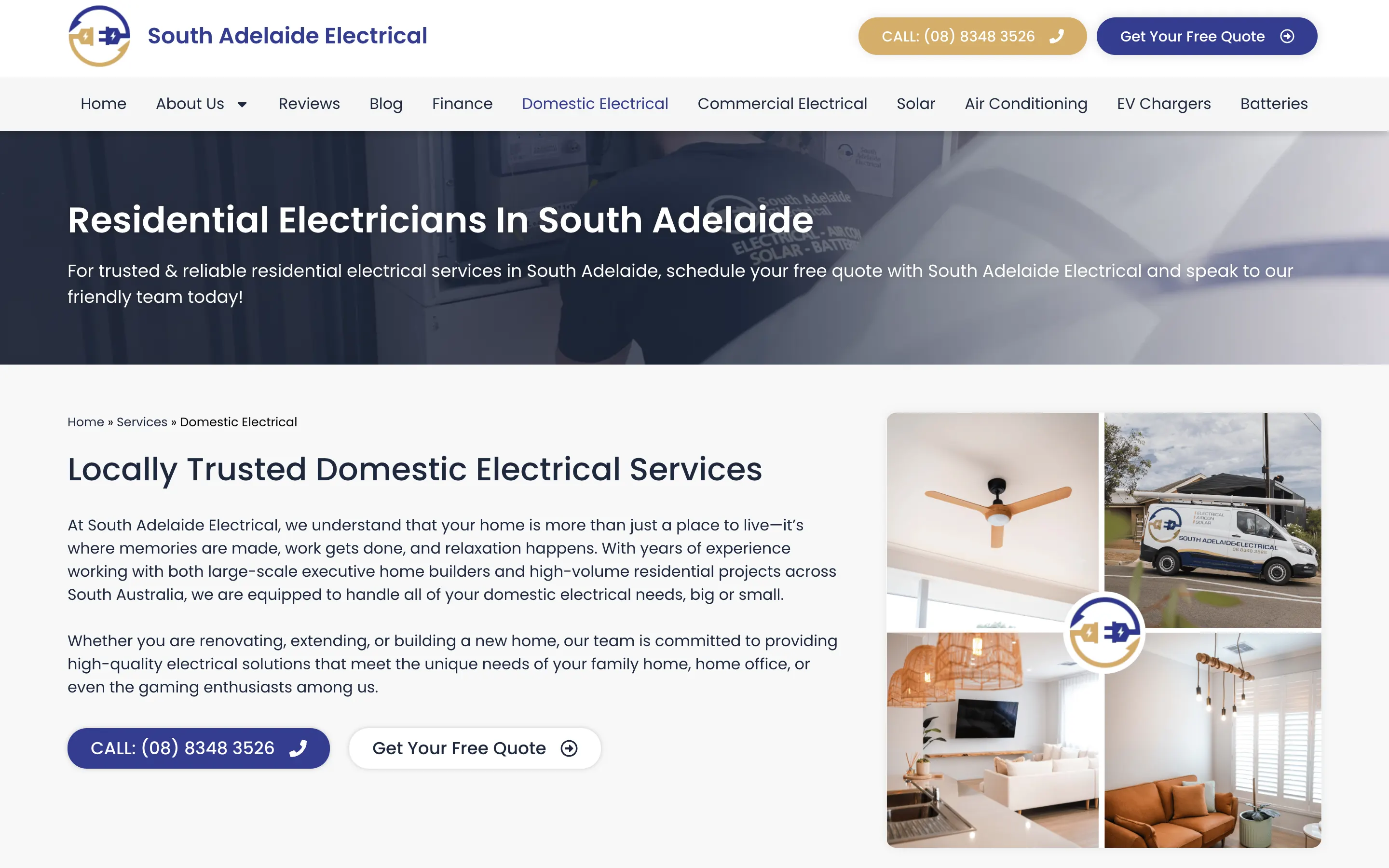 South Adelaide Electrical website - Residential Electrical page on desktop