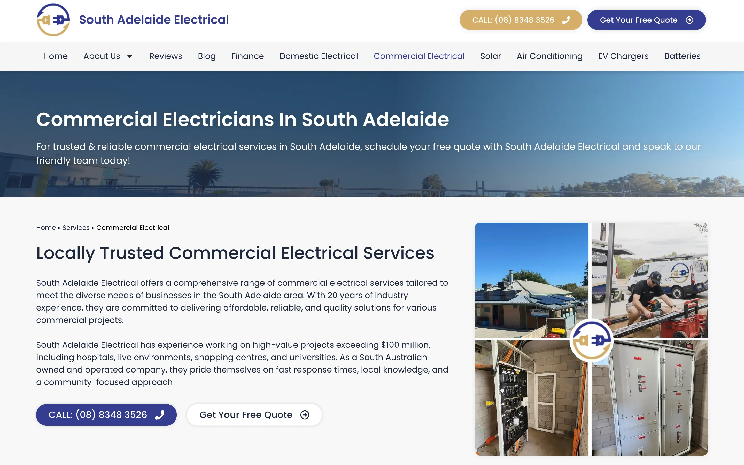 South Adelaide Electrical website - Commercial Electrical page on desktop