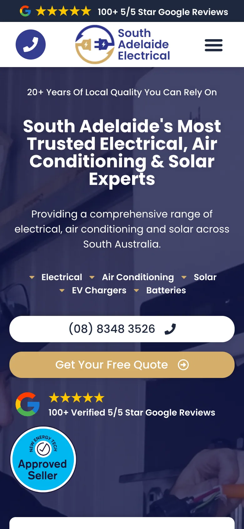 South Adelaide Electrical website - Home page on mobile