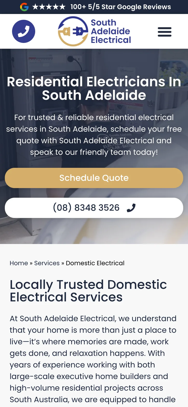 South Adelaide Electrical website - Residential Electrical page on mobile