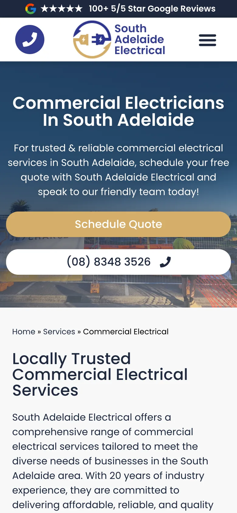 South Adelaide Electrical website - Commercial Electrical page on mobile