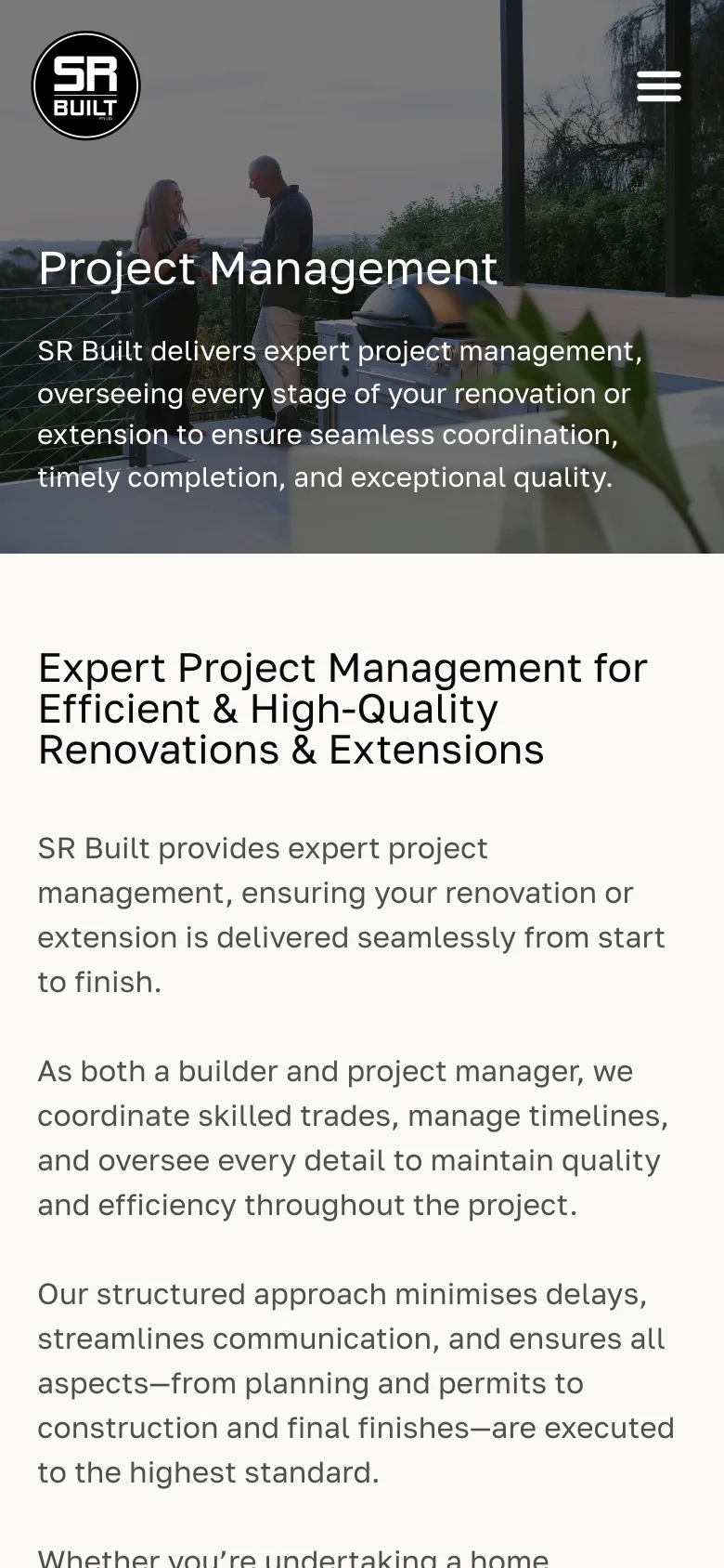 SR Built website - Project Management page on mobile