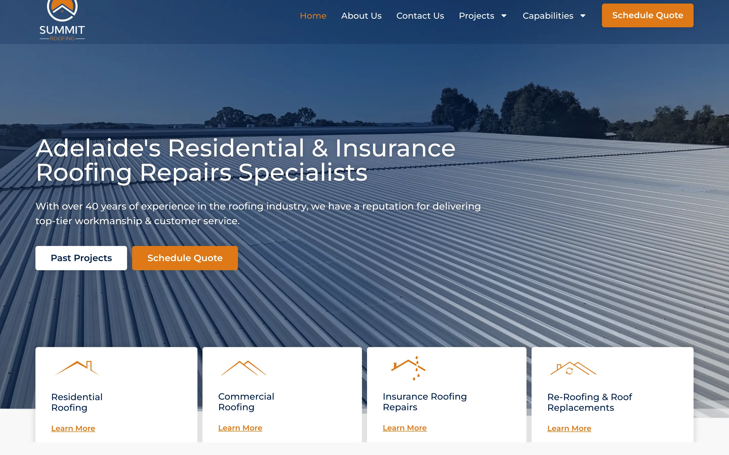 Summit Roofing SA website - Home page on desktop