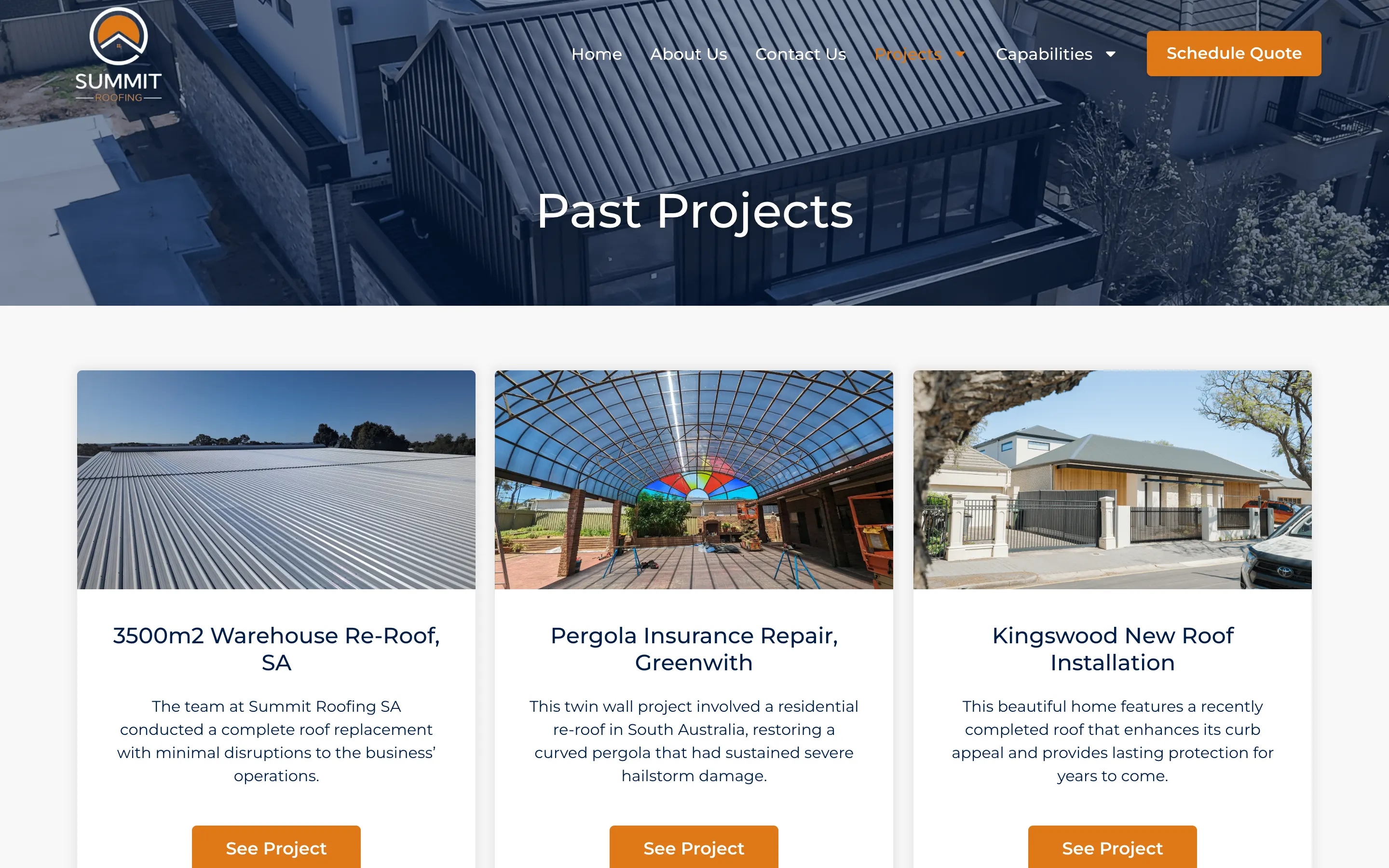 Summit Roofing SA website - Past Projects page on desktop