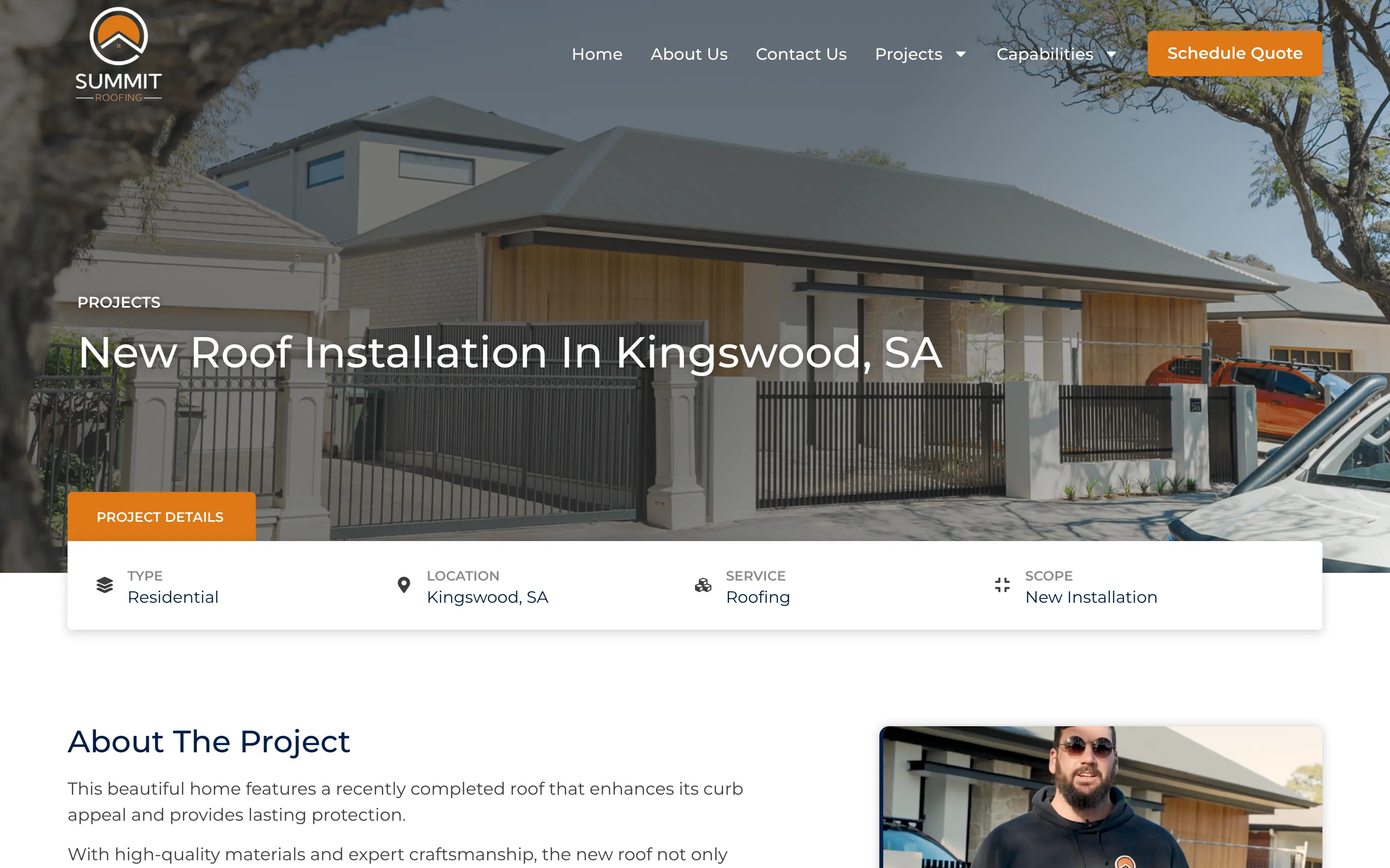 Summit Roofing SA website - New Roof Installation page on desktop