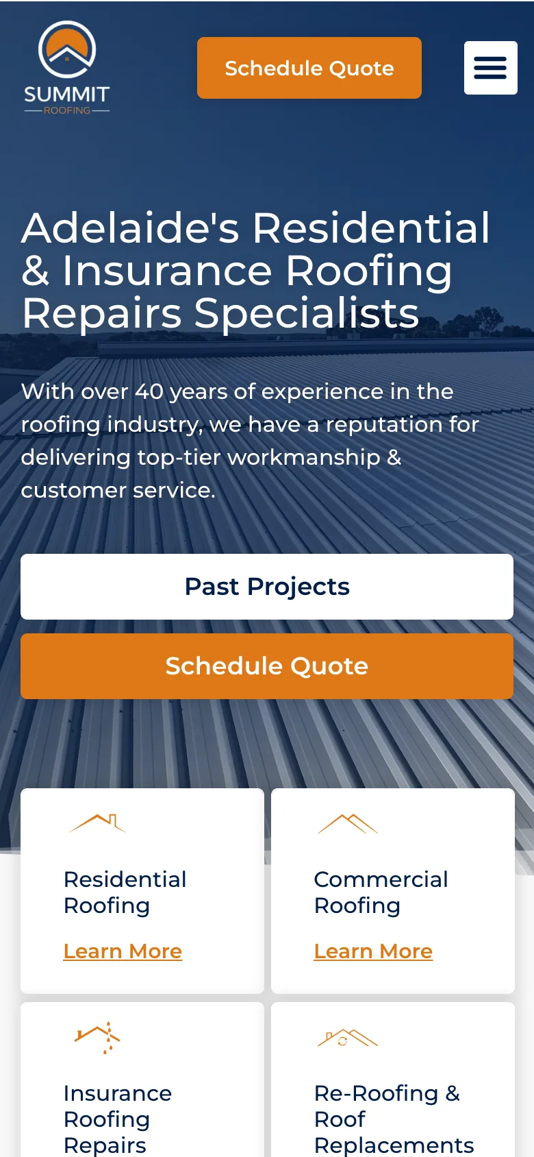 Summit Roofing SA website - Home page on mobile