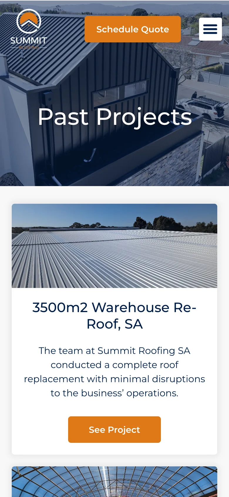 Summit Roofing SA website - Past Projects page on mobile