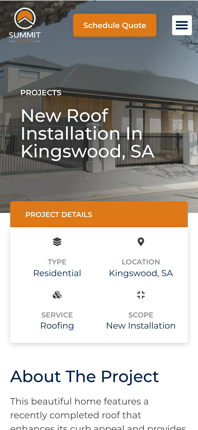 Summit Roofing SA website - New Roof Installation page on mobile