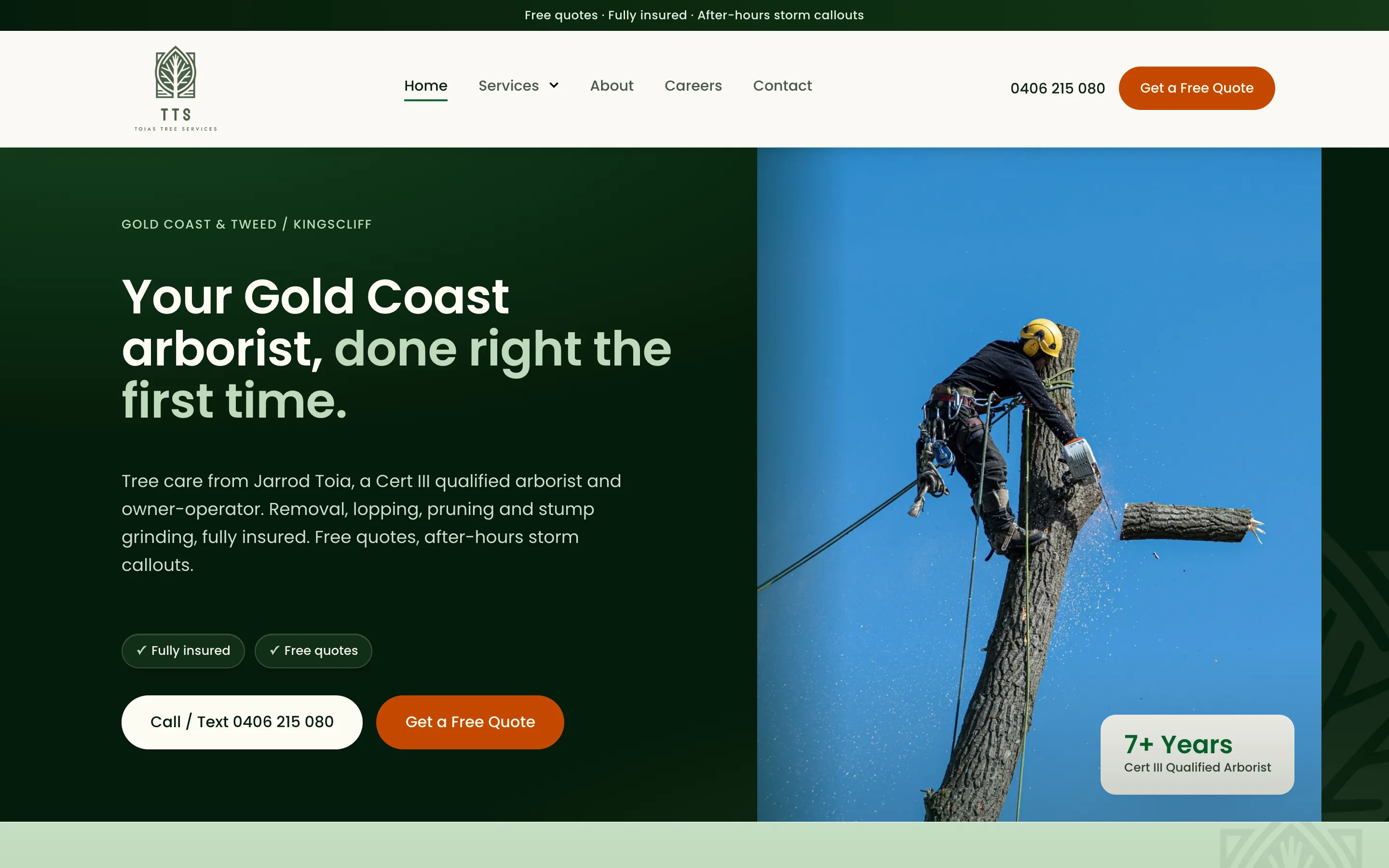 Toias Tree Services website - Home page on desktop