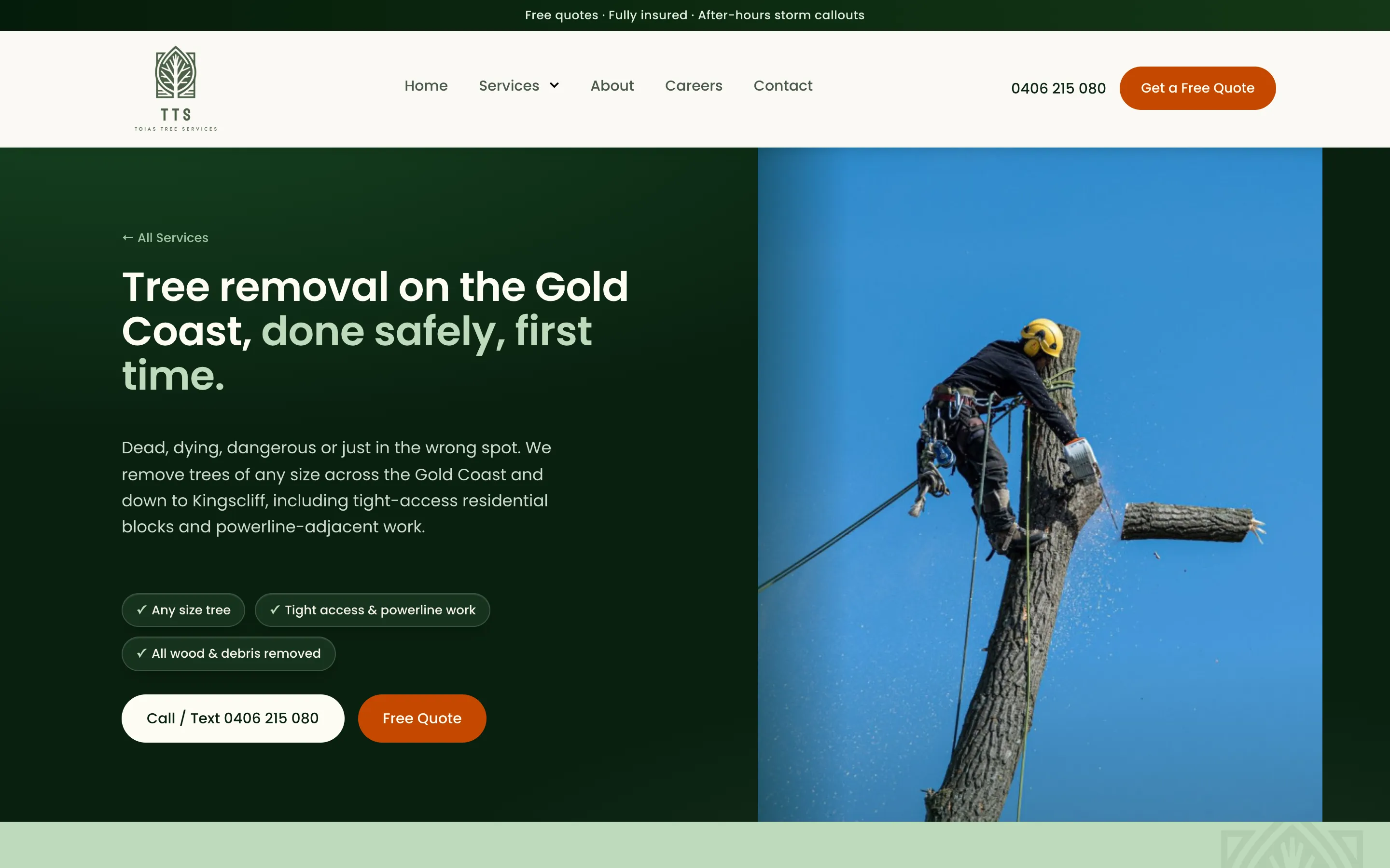 Toias Tree Services website - Tree Removal page on desktop