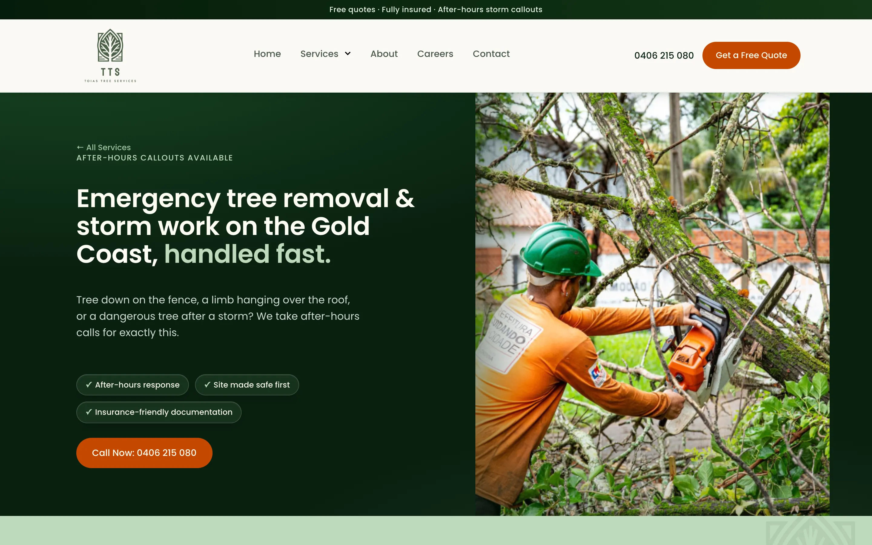 Toias Tree Services website - Emergency & Storm Tree Work page on desktop