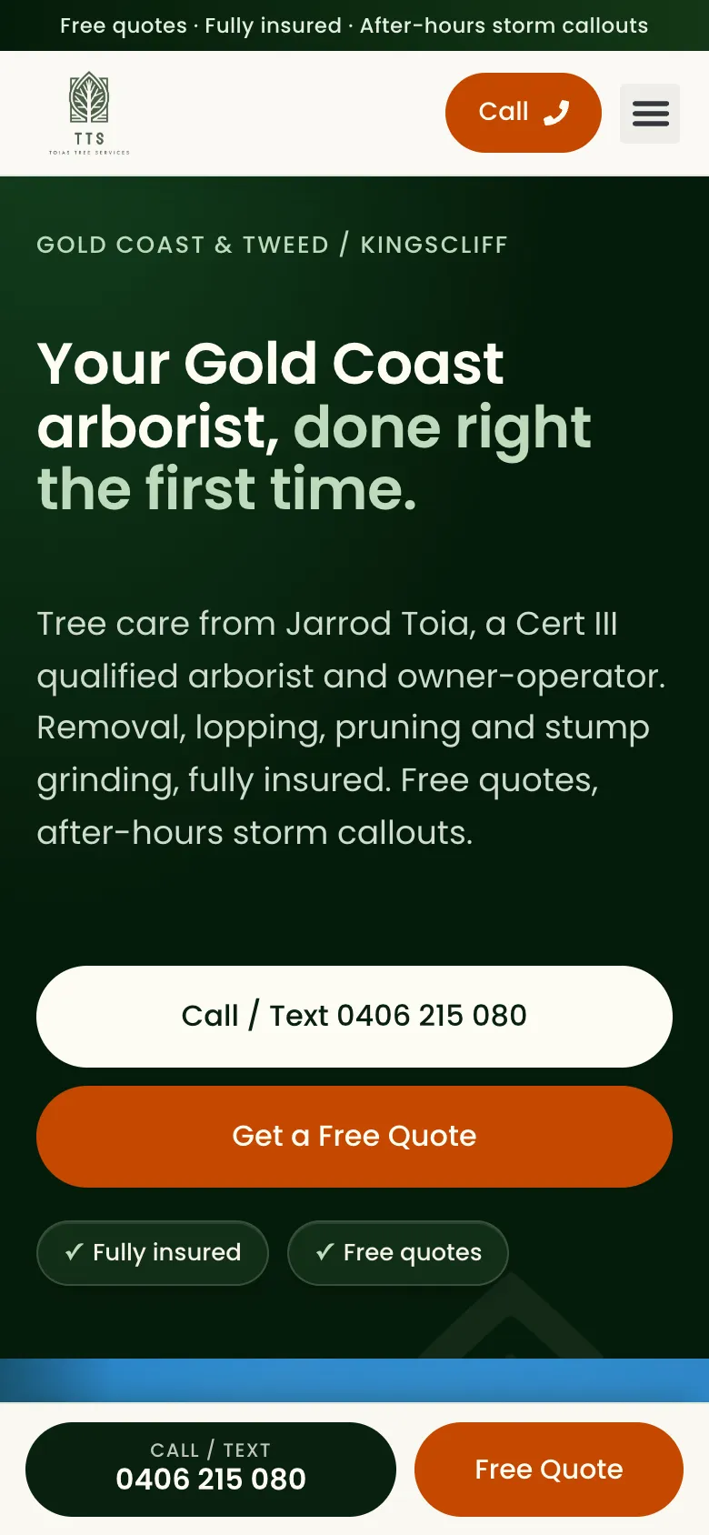 Toias Tree Services website - Home page on mobile