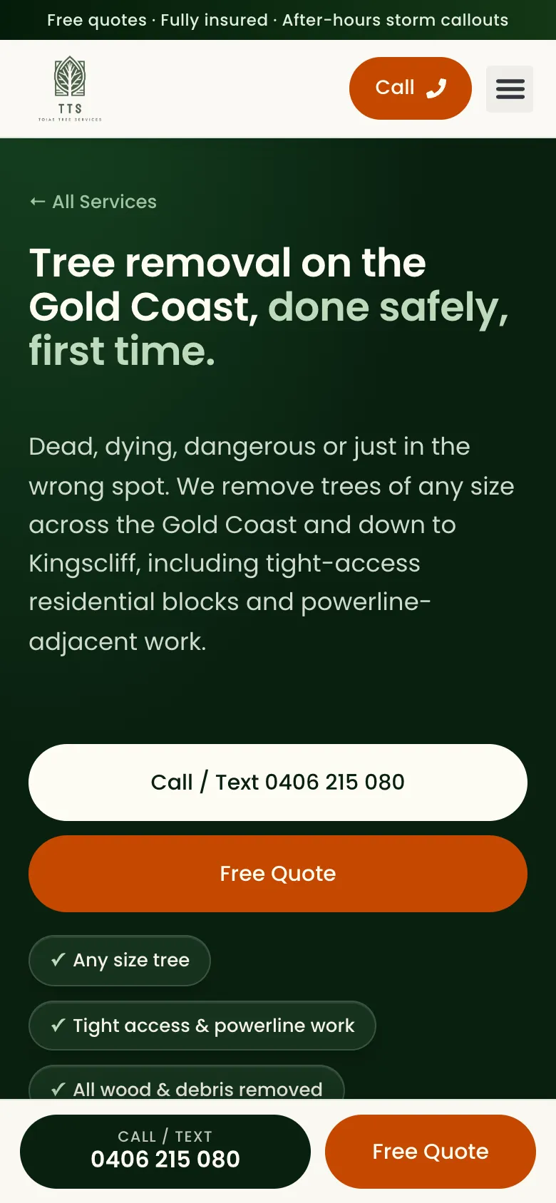 Toias Tree Services website - Tree Removal page on mobile