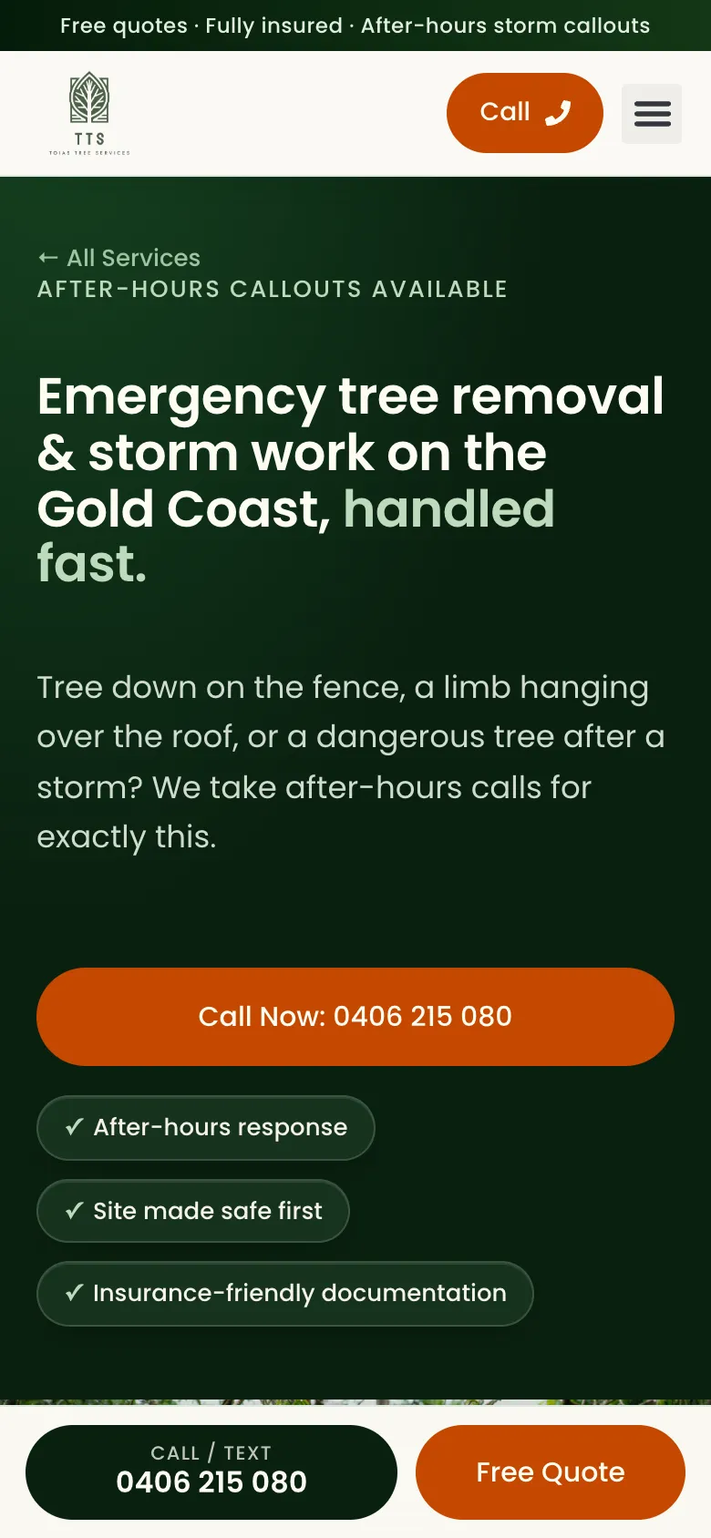 Toias Tree Services website - Emergency & Storm Tree Work page on mobile