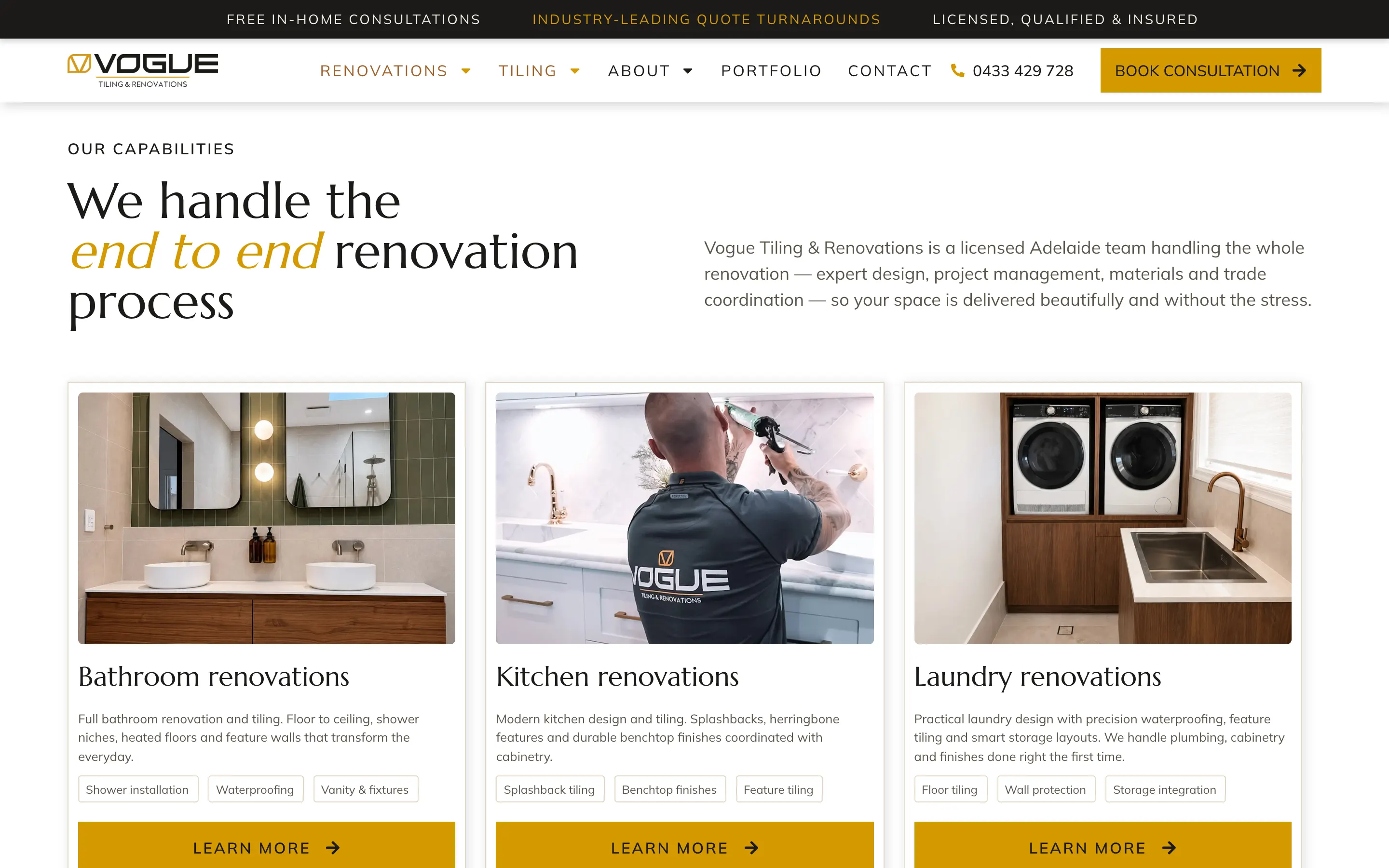 Vogue Tiling & Renovations website - Our Capabilities page on desktop