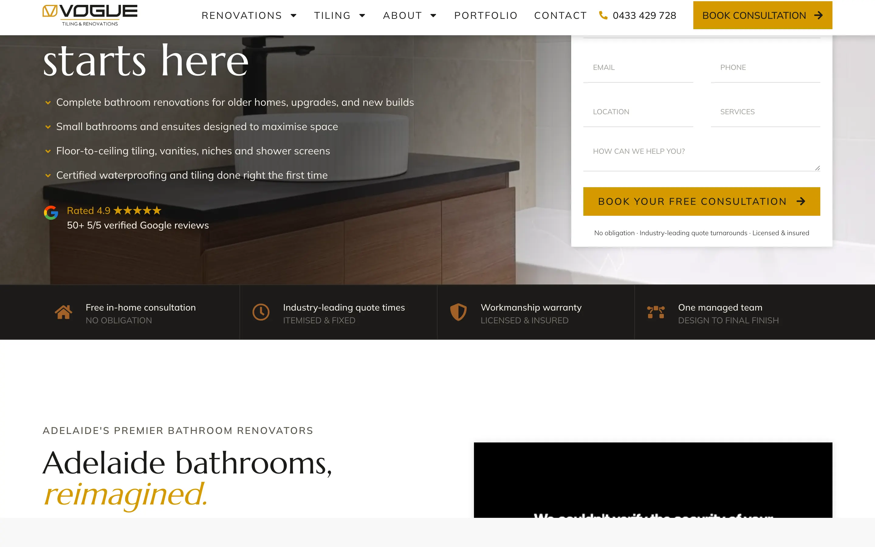 Vogue Tiling & Renovations website - Bathroom Renovations page on desktop