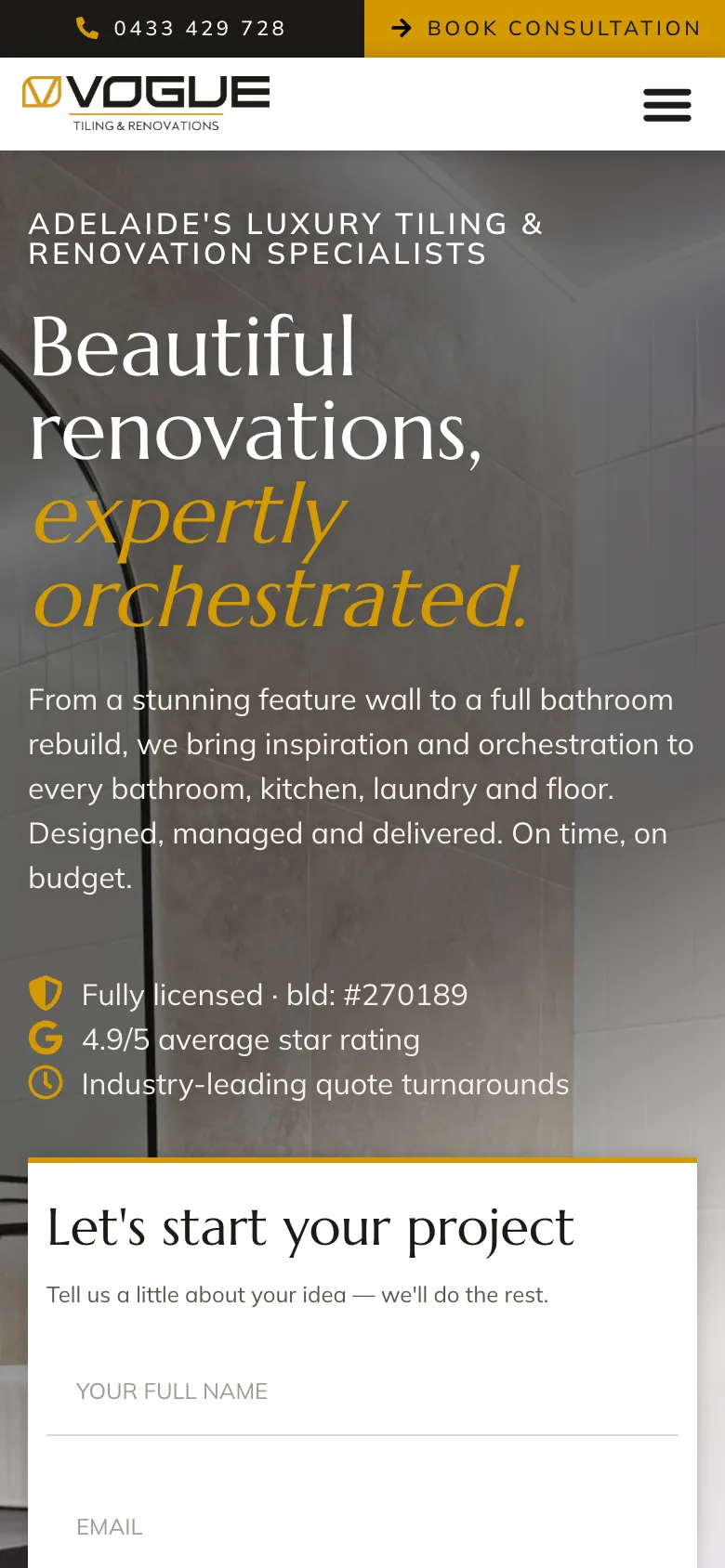 Vogue Tiling & Renovations website - Home page on mobile